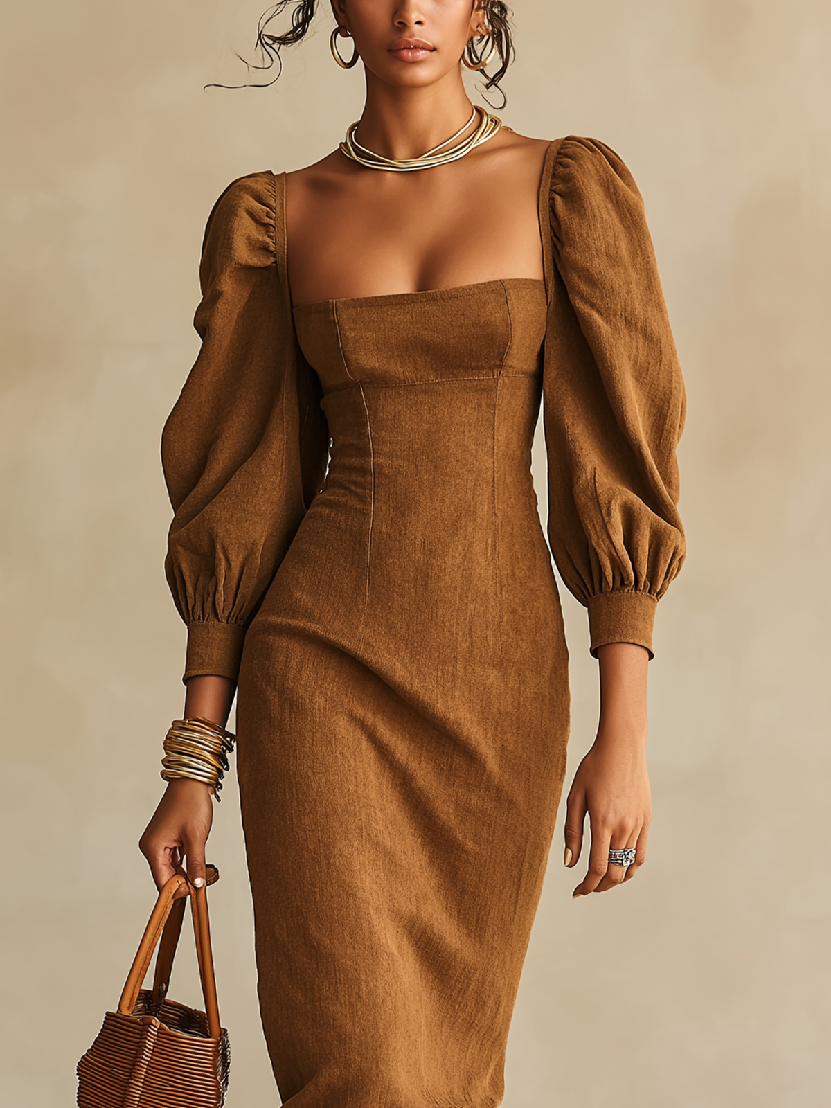 Camel Linen Blend Square Neck Puff Sleeve Midi Dress