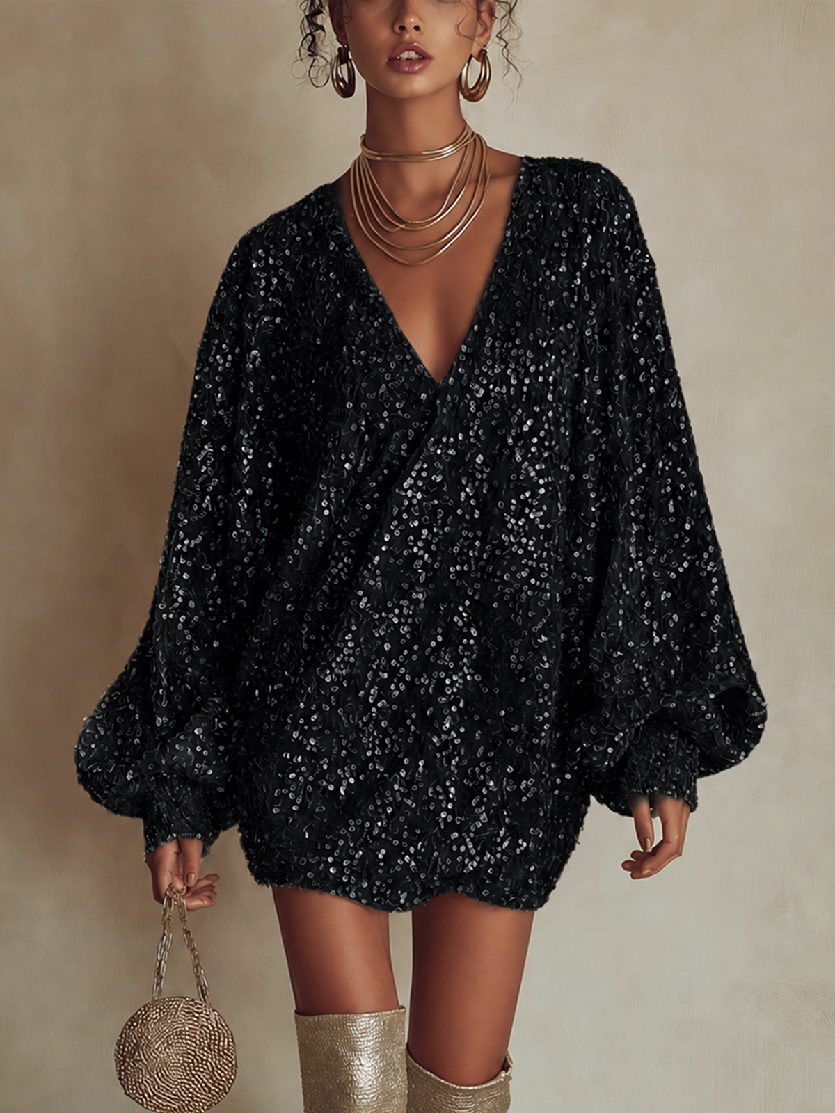 Black Sequin Deep V‑Neck Balloon Sleeve Mini Dress