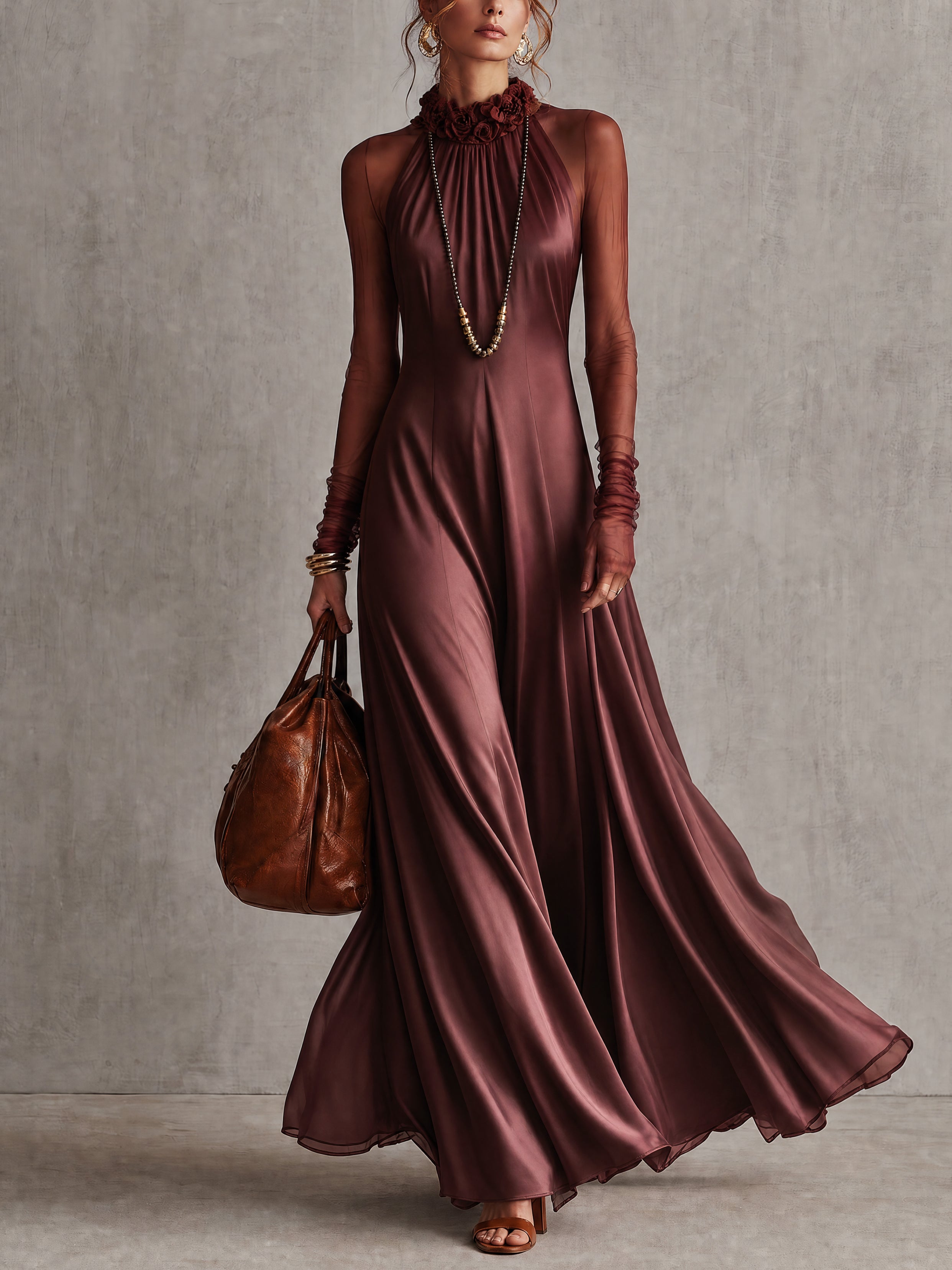Burgundy Satin 3D Floral Maxi Dress