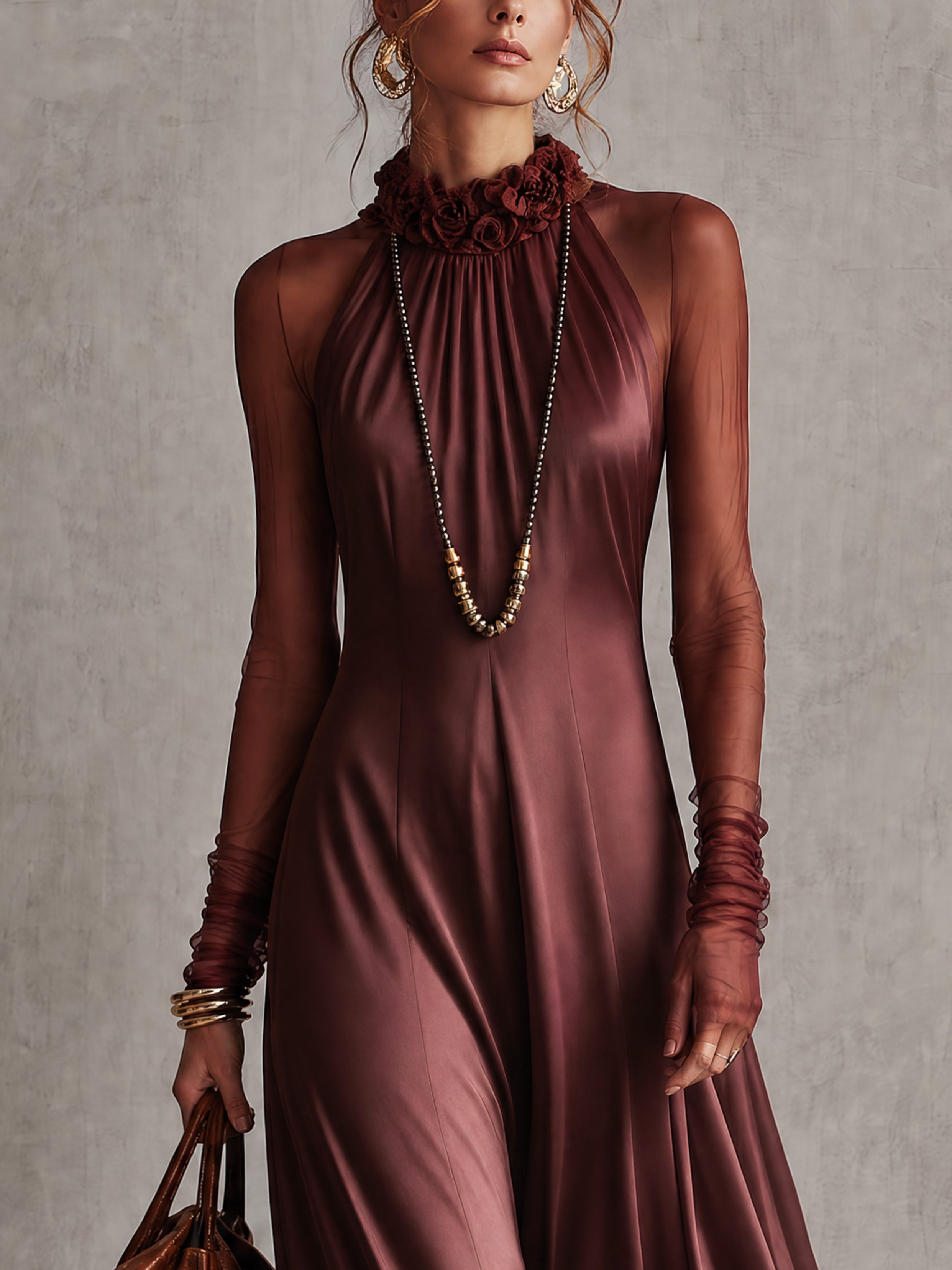 Burgundy Satin 3D Floral Maxi Dress
