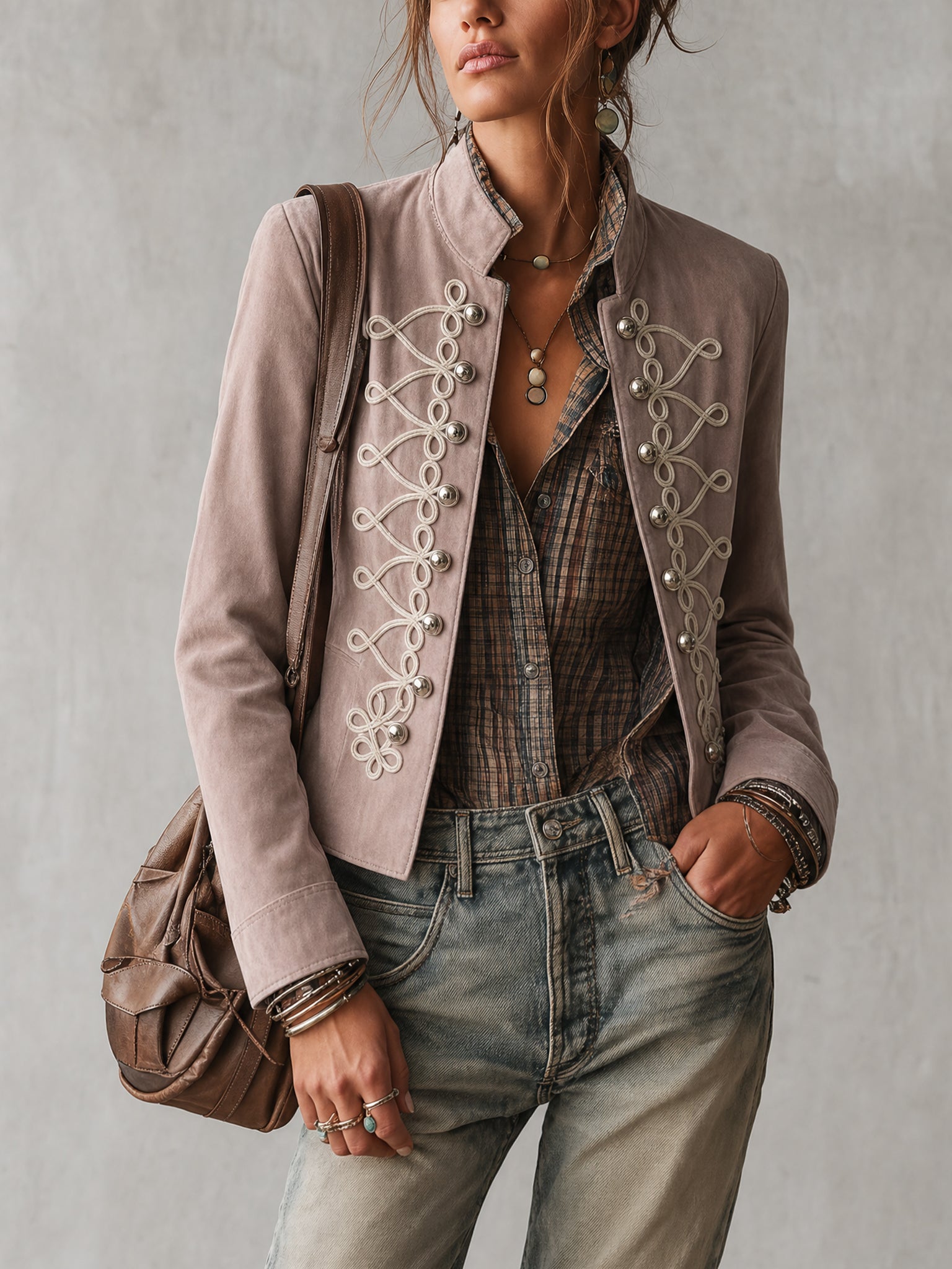 Pink Faux Suede Vintage Embroidered Jacket