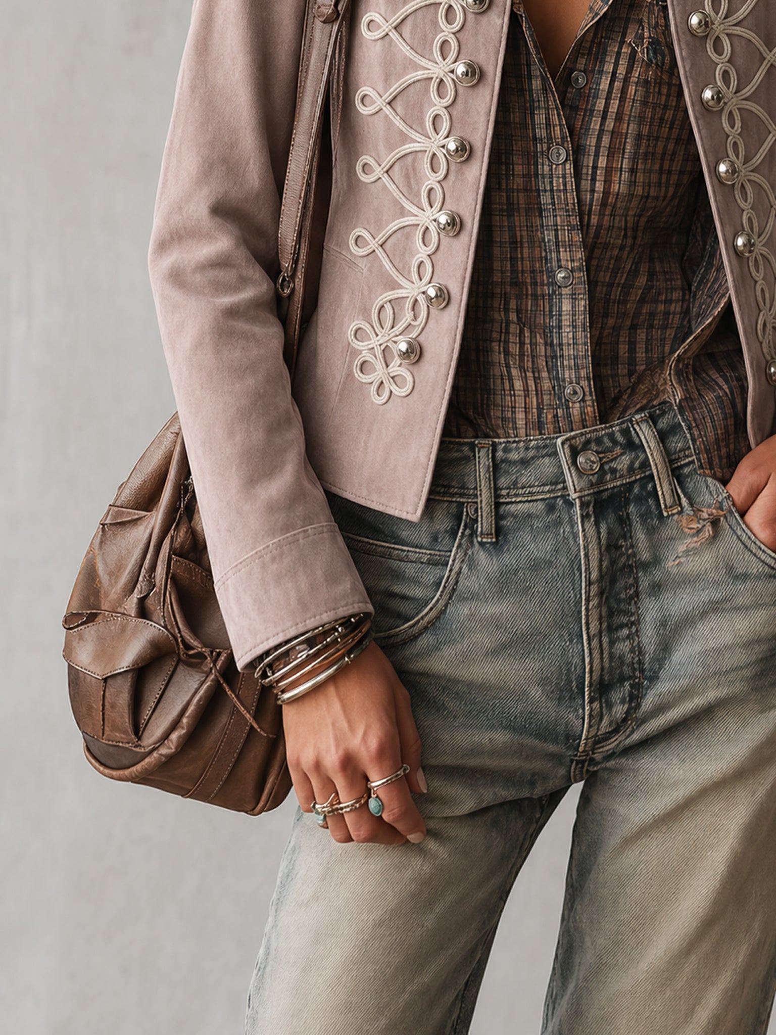 Pink Faux Suede Vintage Embroidered Jacket