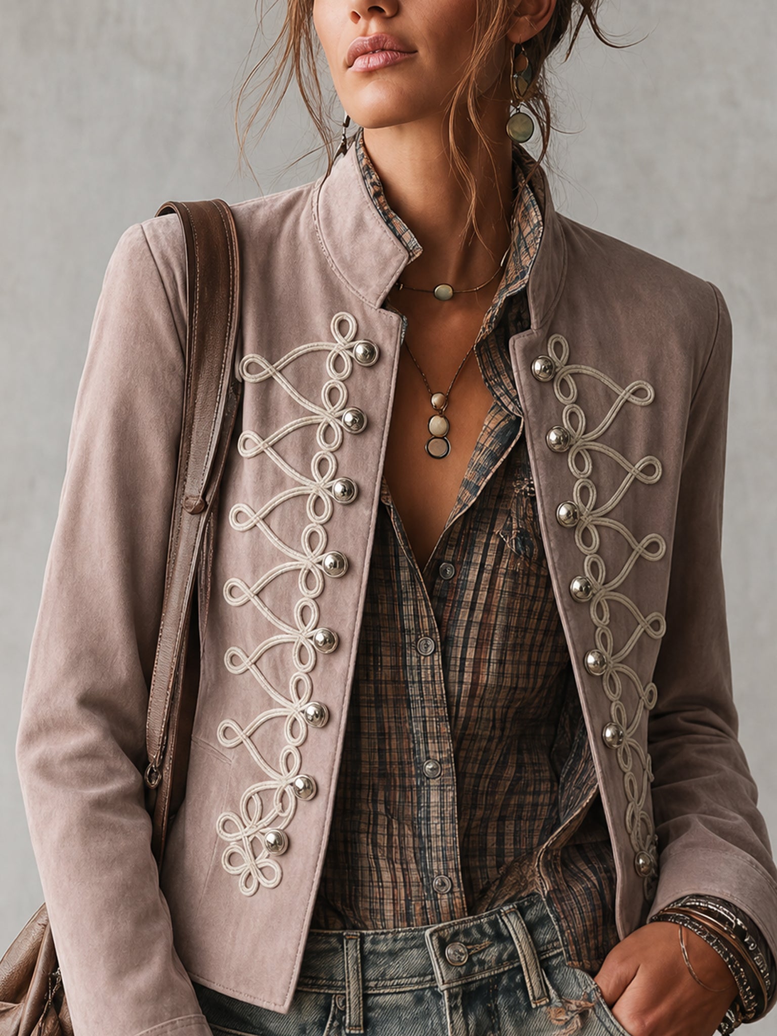 Pink Faux Suede Vintage Embroidered Jacket