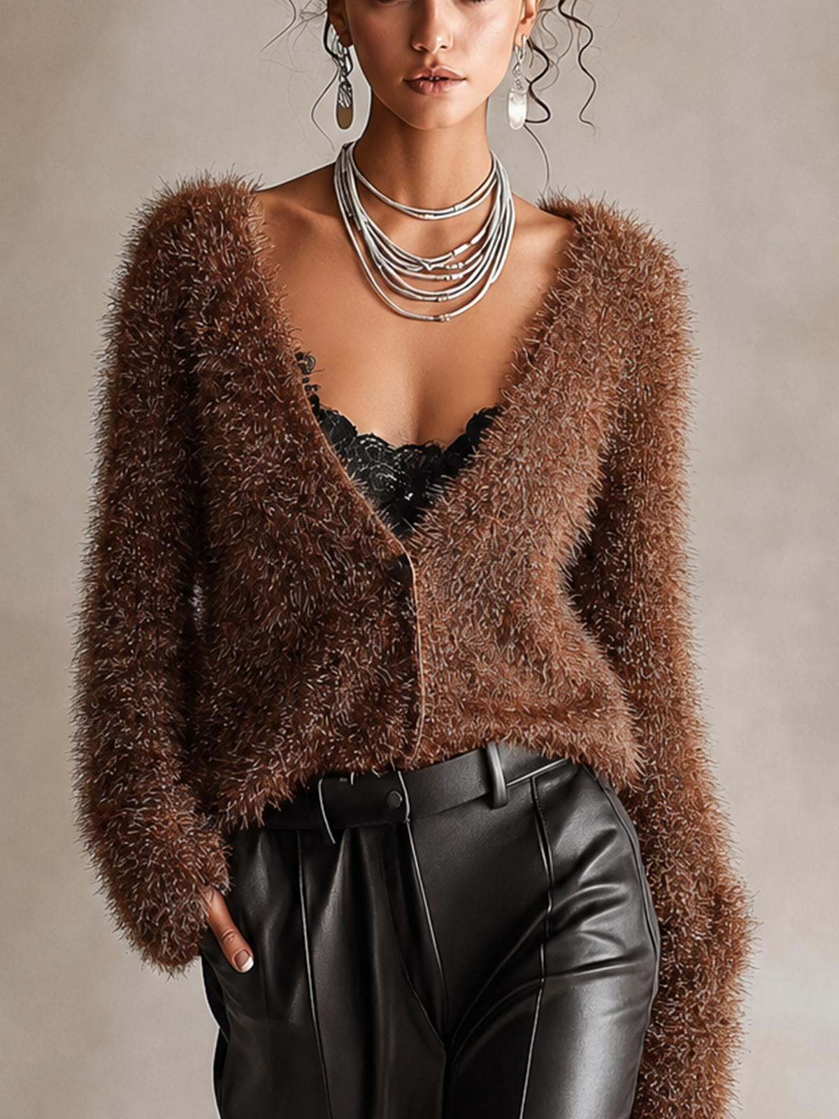 Brown Fuzzy Sparkle V‑Neck Cropped Cardigan