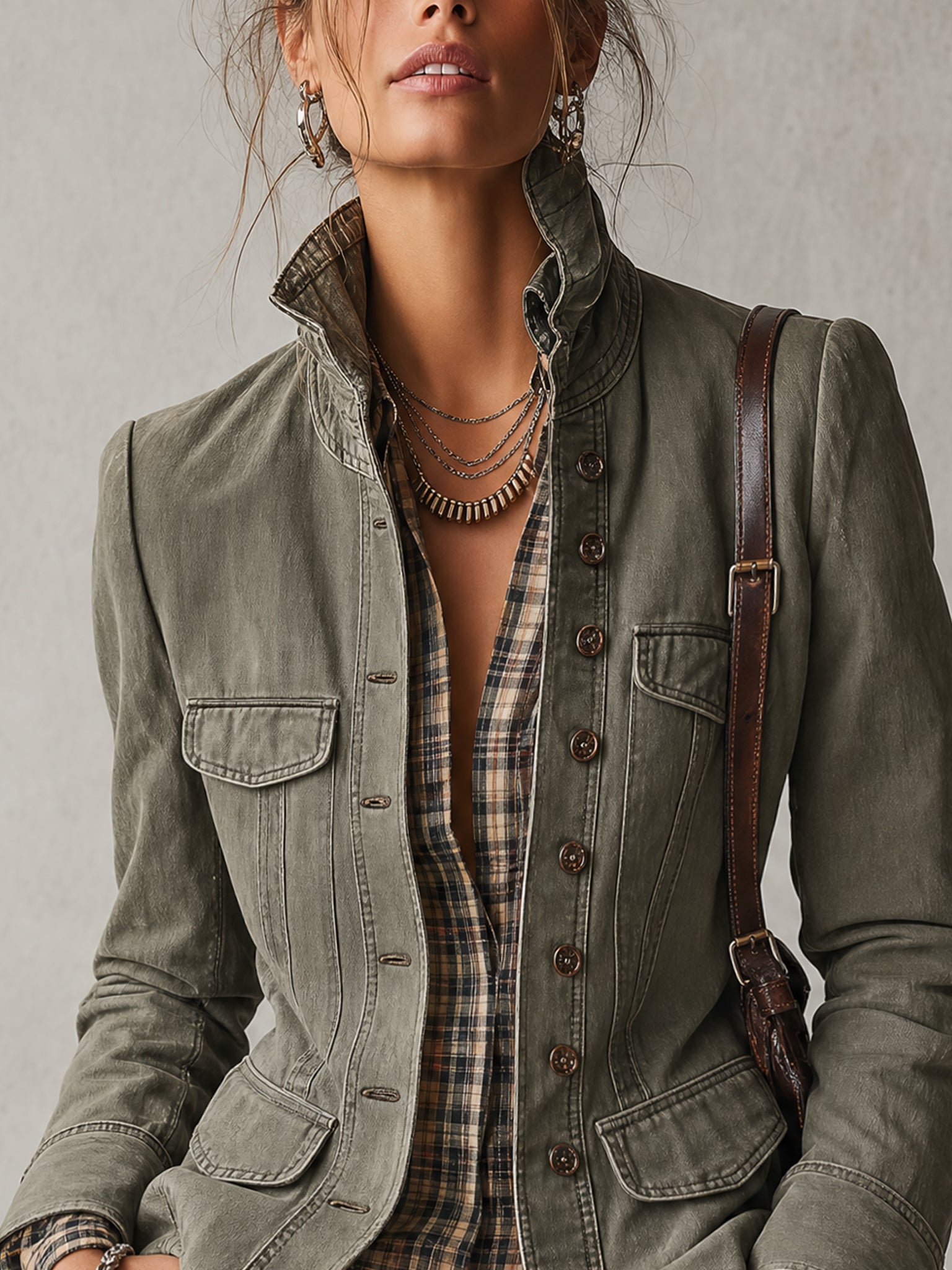 Green Washed Cotton Plaid Layered Look Jacket