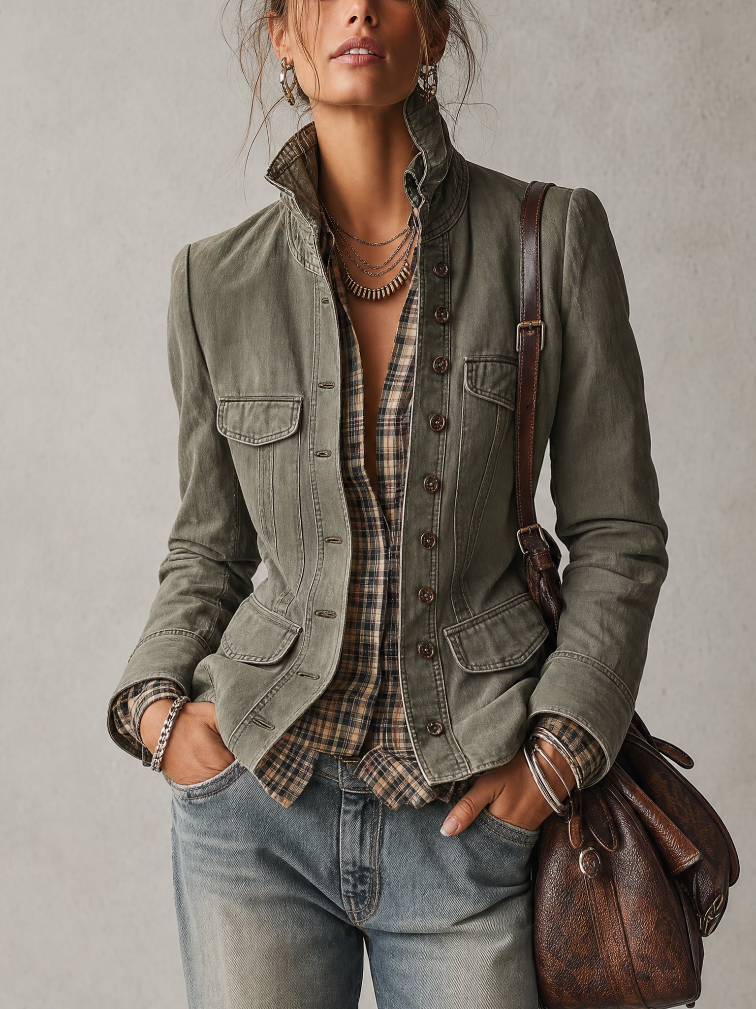 Green Washed Cotton Plaid Layered Look Jacket