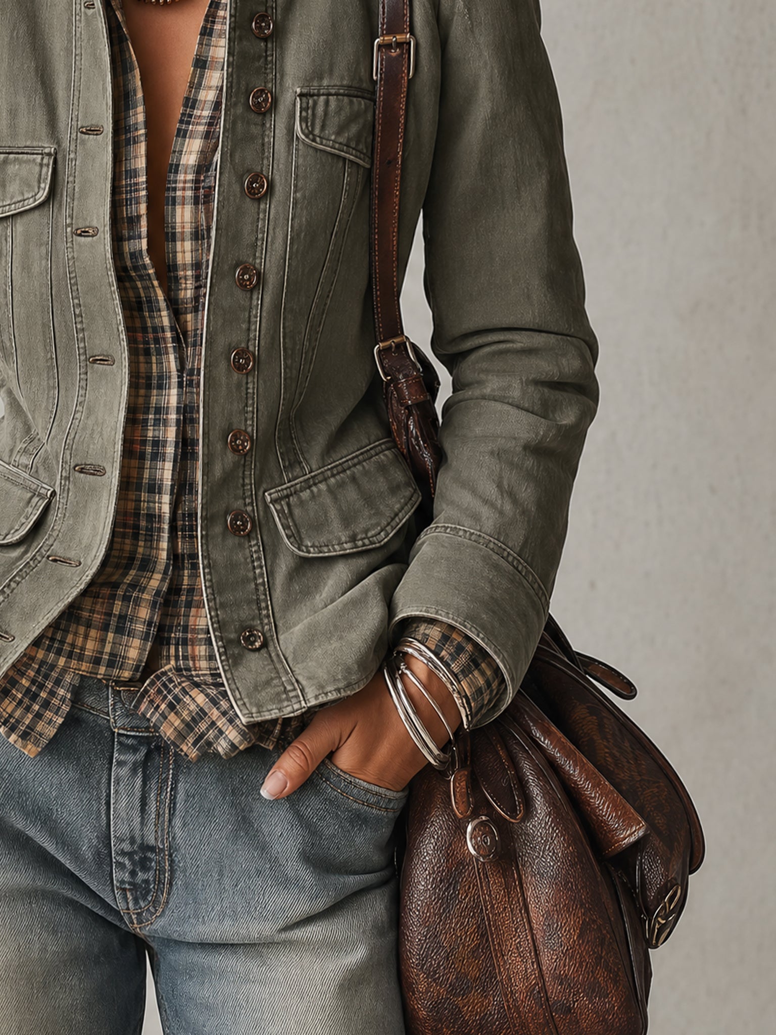 Green Washed Cotton Plaid Layered Look Jacket
