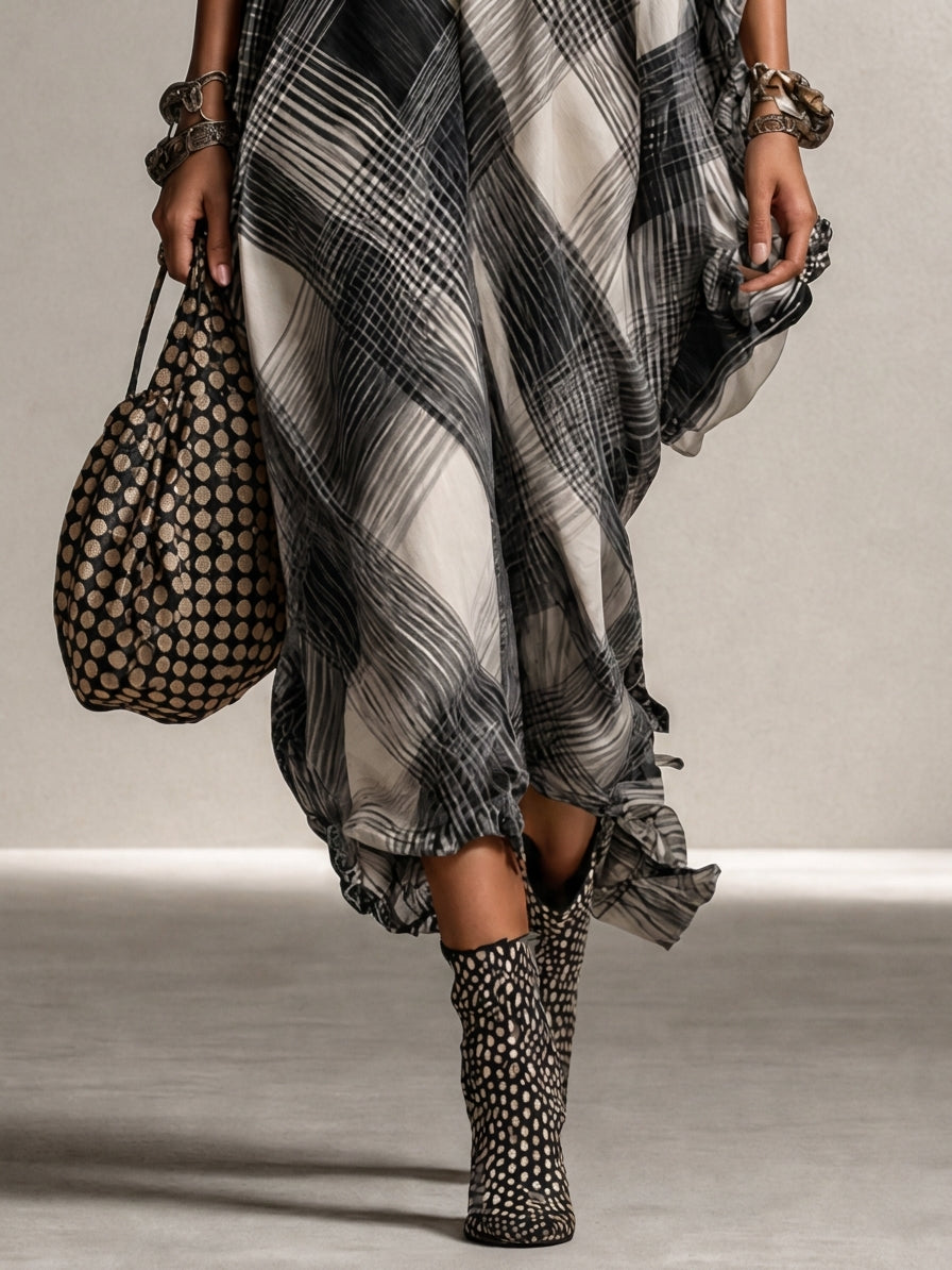 Black And Ivory Abstract Plaid Chiffon Maxi Dress