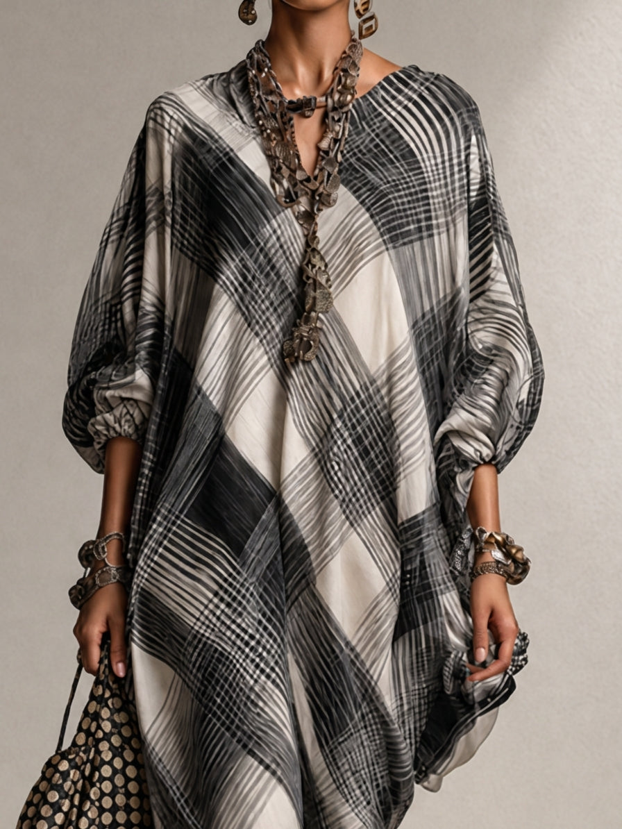 Black And Ivory Abstract Plaid Chiffon Maxi Dress