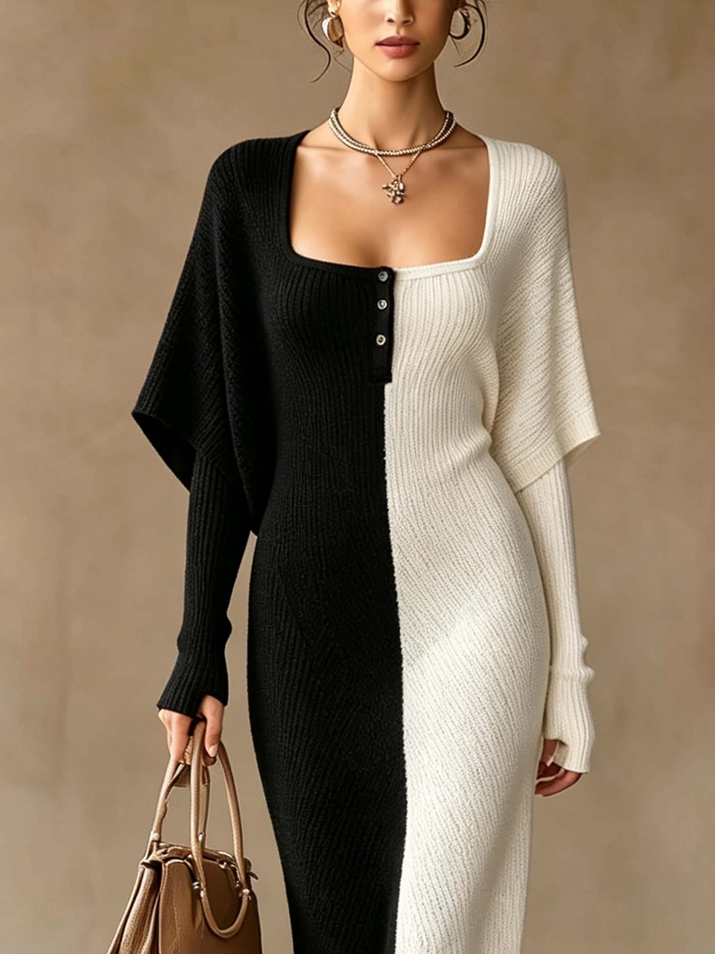 Black And White Color Block Ribbed Knit Maxi Dress With Asymmetrical Cape Sleeve