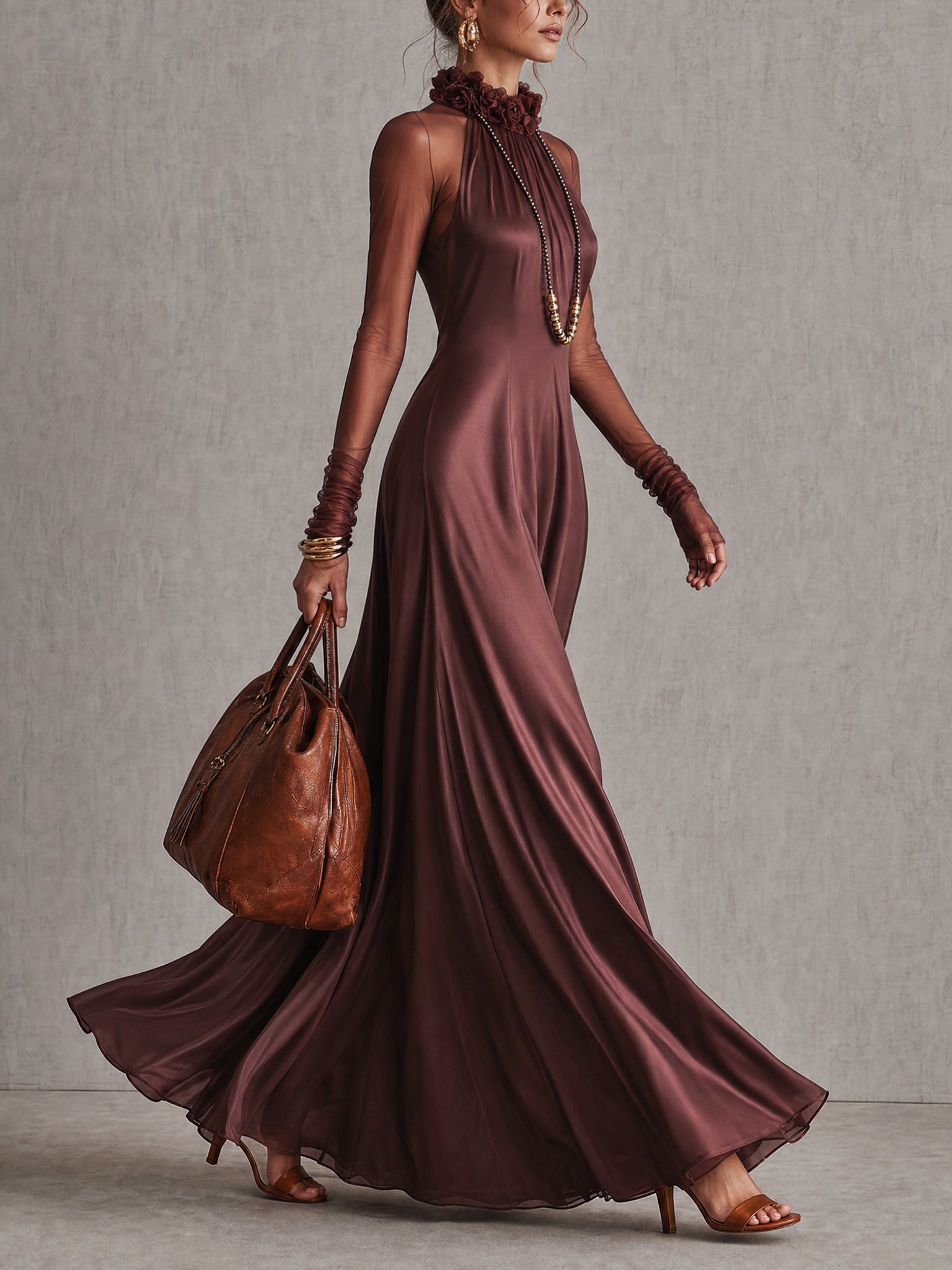 Burgundy Satin 3D Floral Maxi Dress