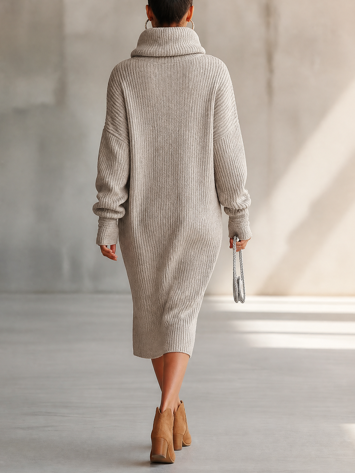Gray Ribbed Knit Cowl Neck Button Detail Midi Dress