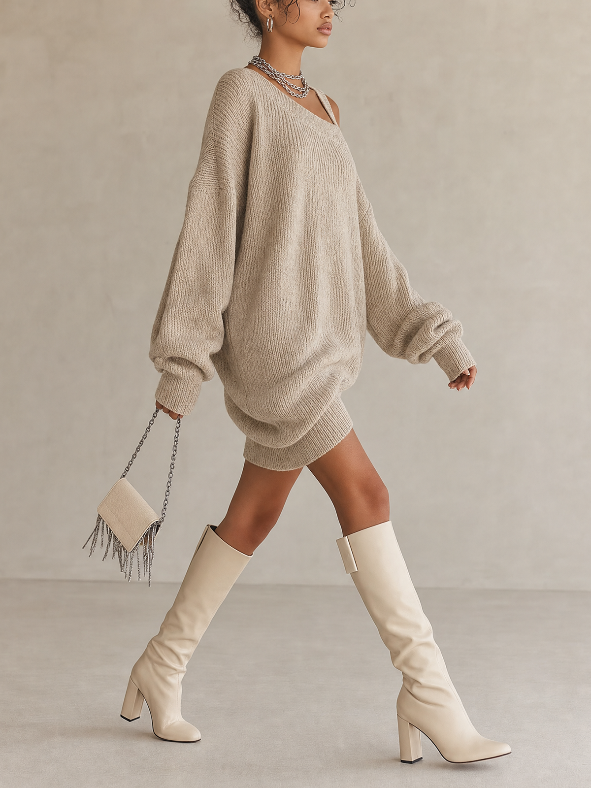 Oversized Beige Asymmetric Cold‑Shoulder Knit Mini Dress