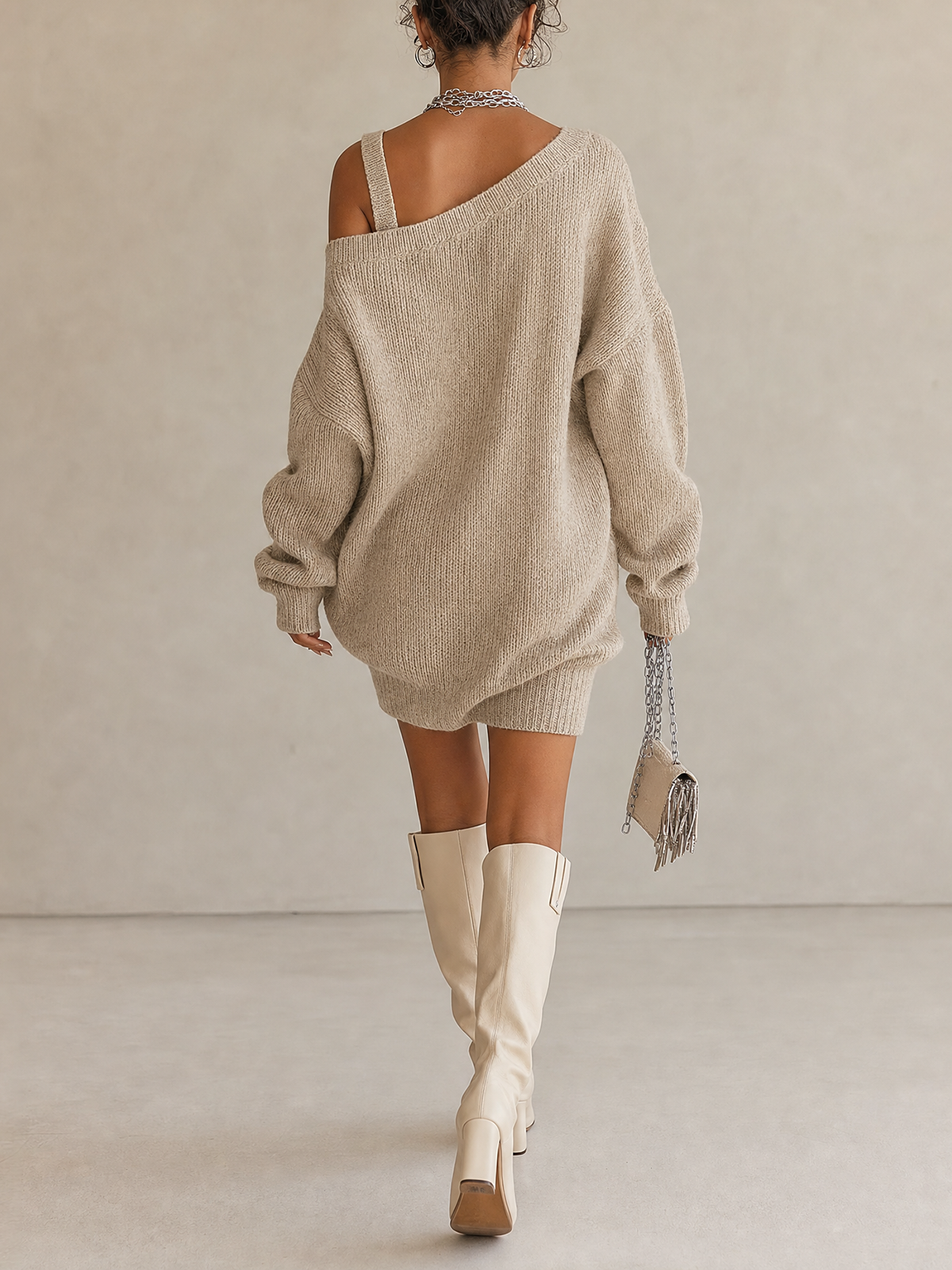 Oversized Beige Asymmetric Cold‑Shoulder Knit Mini Dress