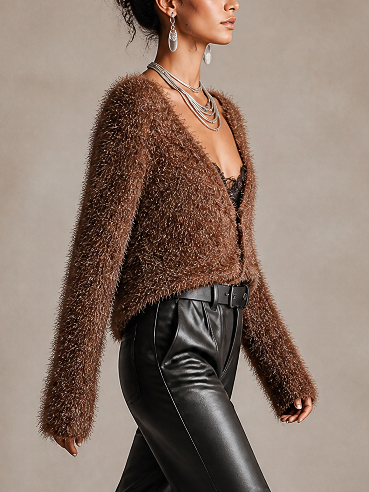 Brown Fuzzy Sparkle V‑Neck Cropped Cardigan