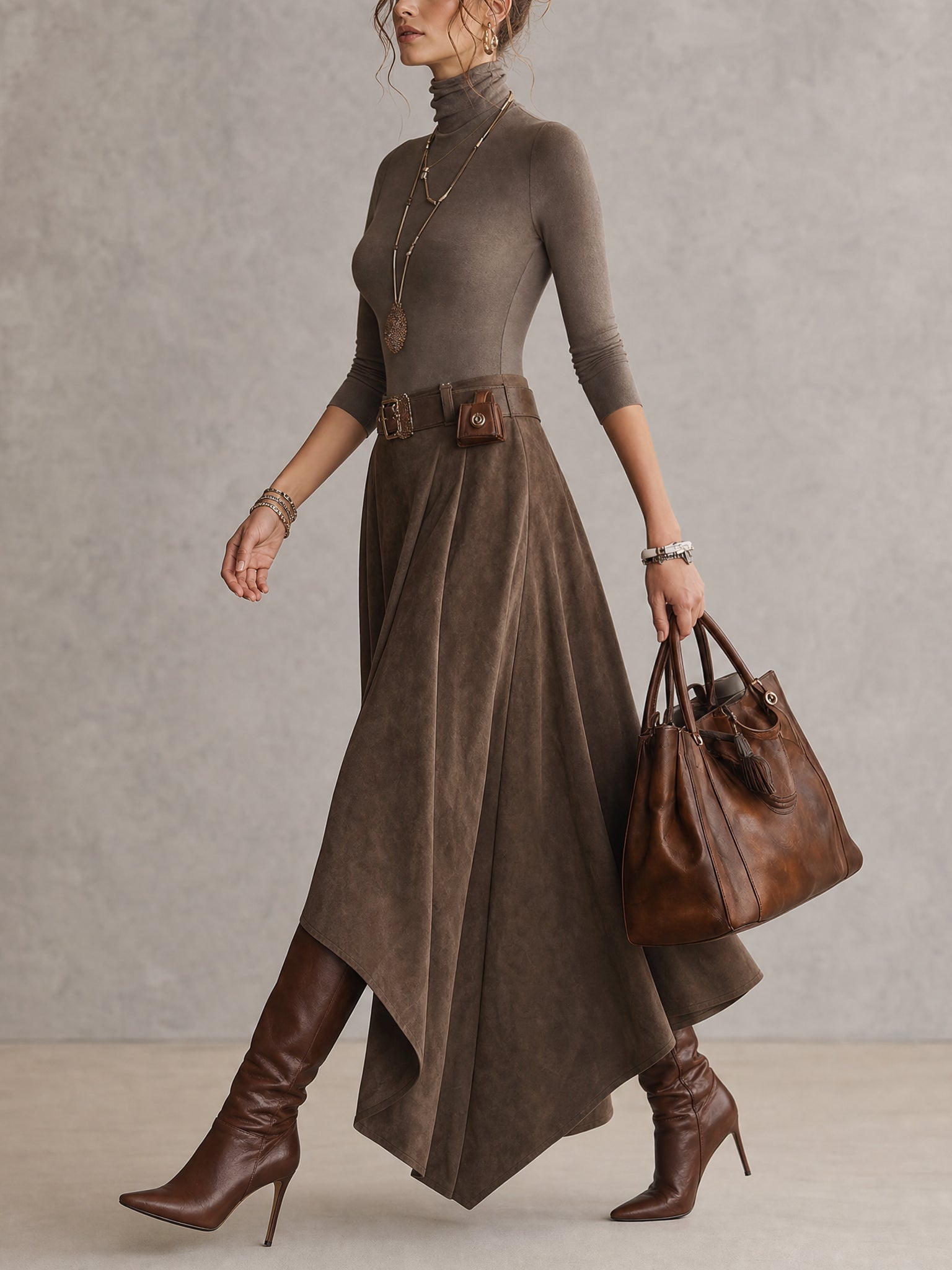 Taupe Stretch Turtleneck Top And Asymmetrical Suede Skirt Set