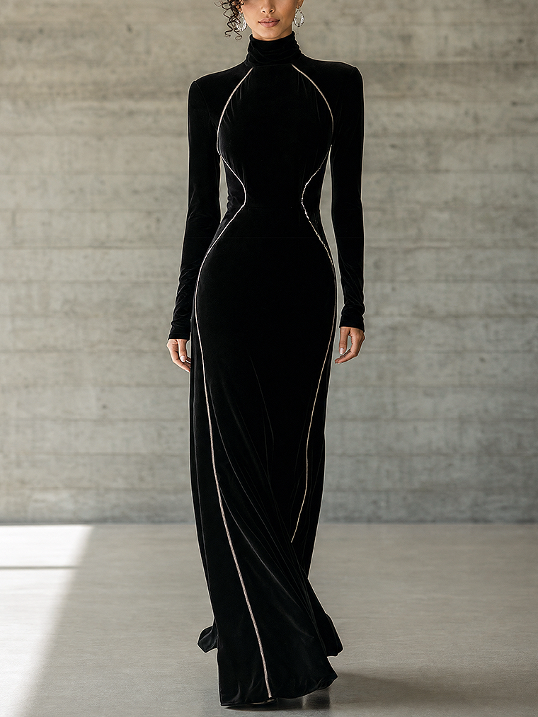 Black Velvet High-Neck Maxi Dress