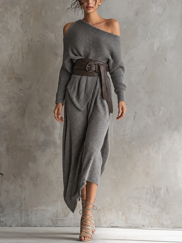 Gray Ribbed Asymmetric Off-Shoulder Knit Sweater