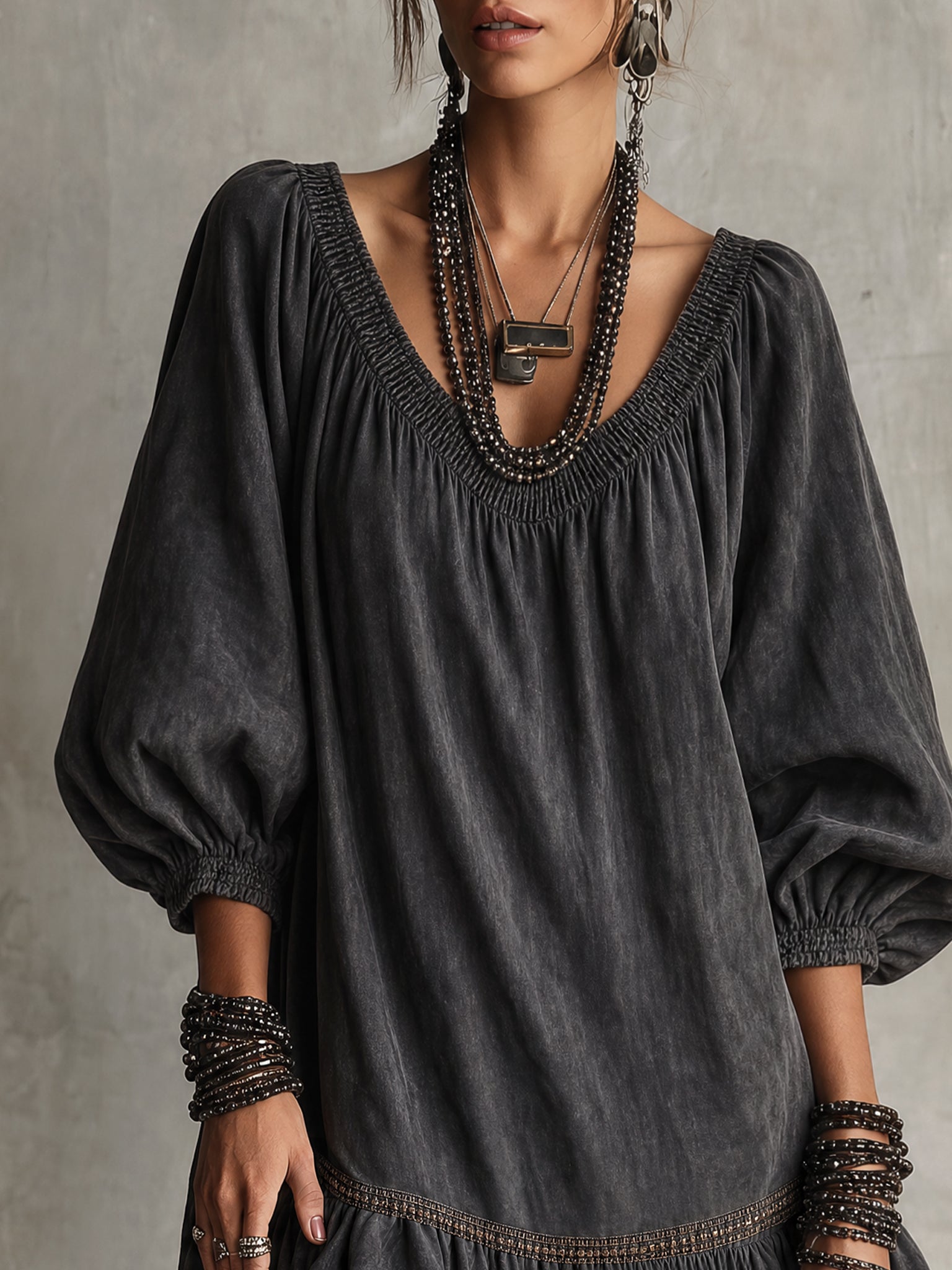 Black Washed Cotton V-Neck Loose Mini Dress