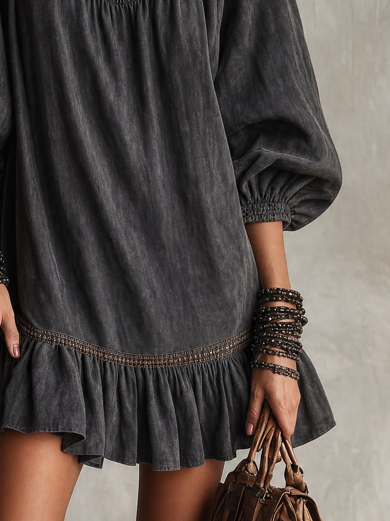 Black Washed Cotton V-Neck Loose Mini Dress