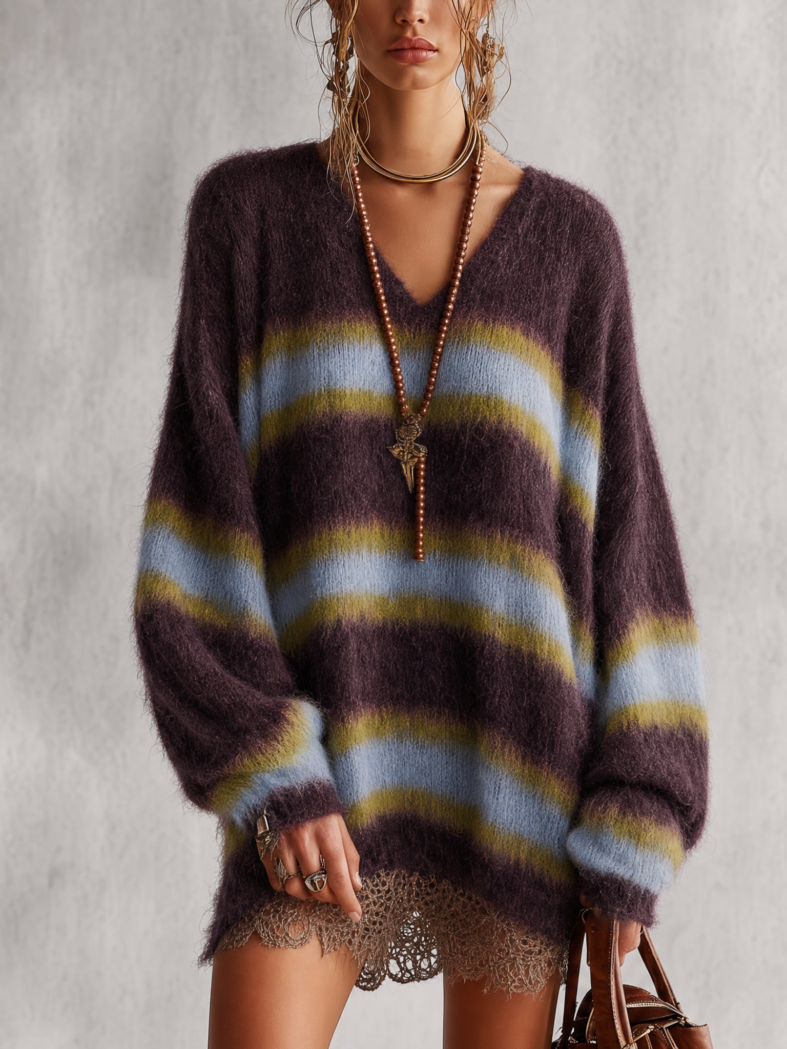 Color Block Mohair Loose Mini Dress