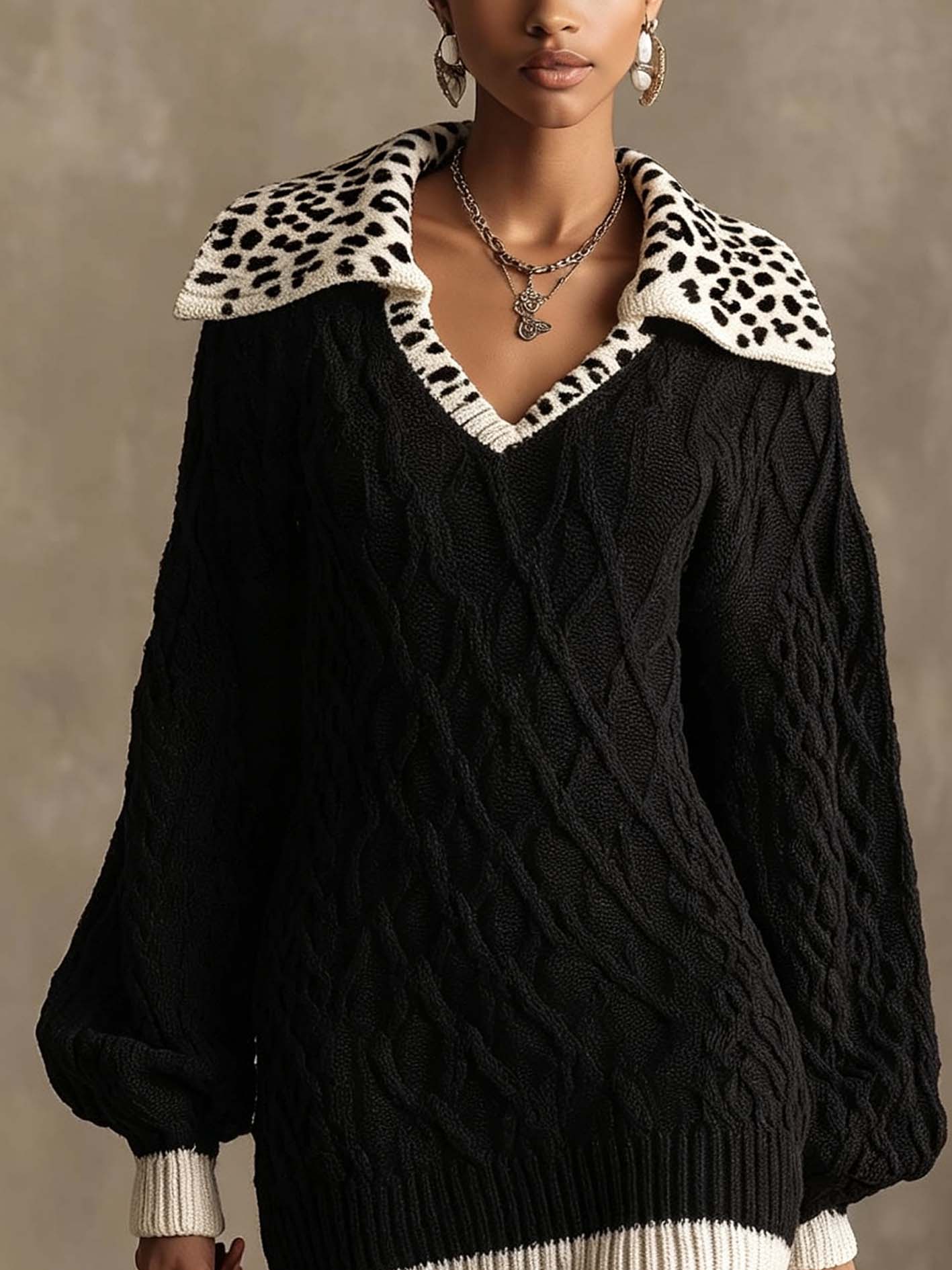 Black Cable Knit Mini Sweater Dress With Leopard Contrast Collar