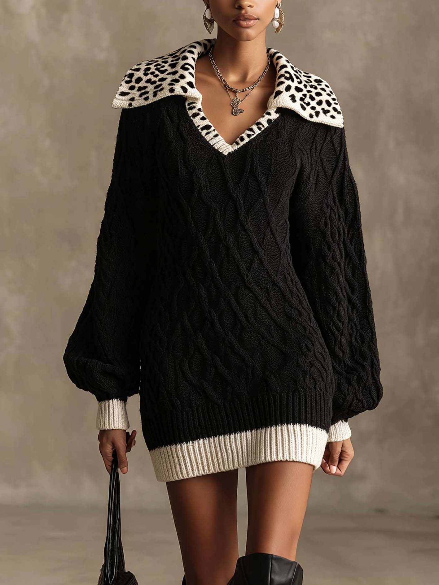 Black Cable Knit Mini Sweater Dress With Leopard Contrast Collar