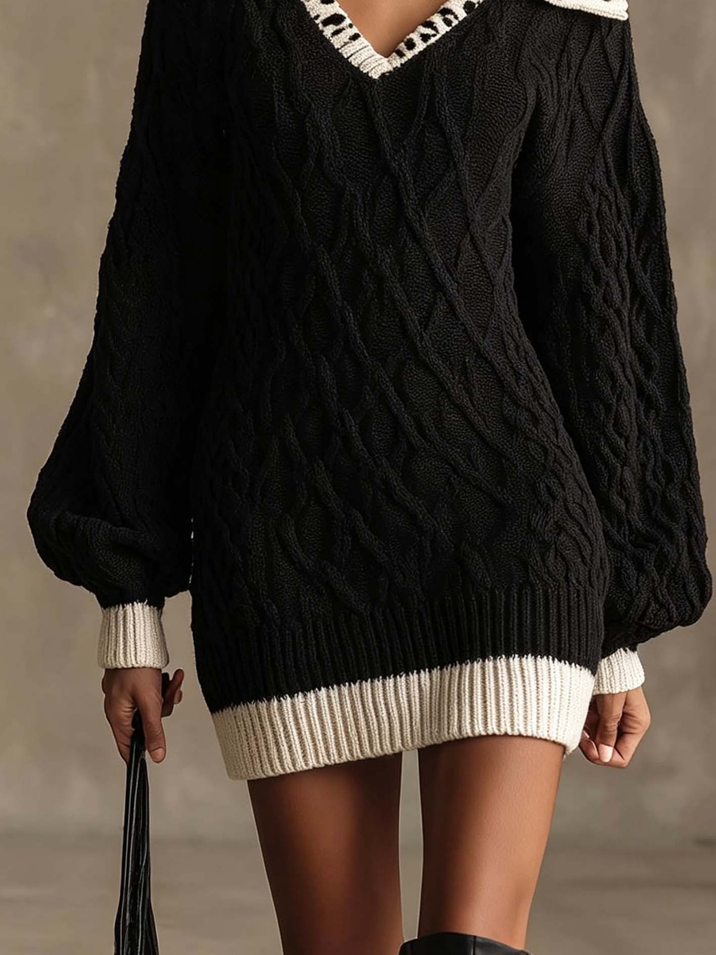 Black Cable Knit Mini Sweater Dress With Leopard Contrast Collar