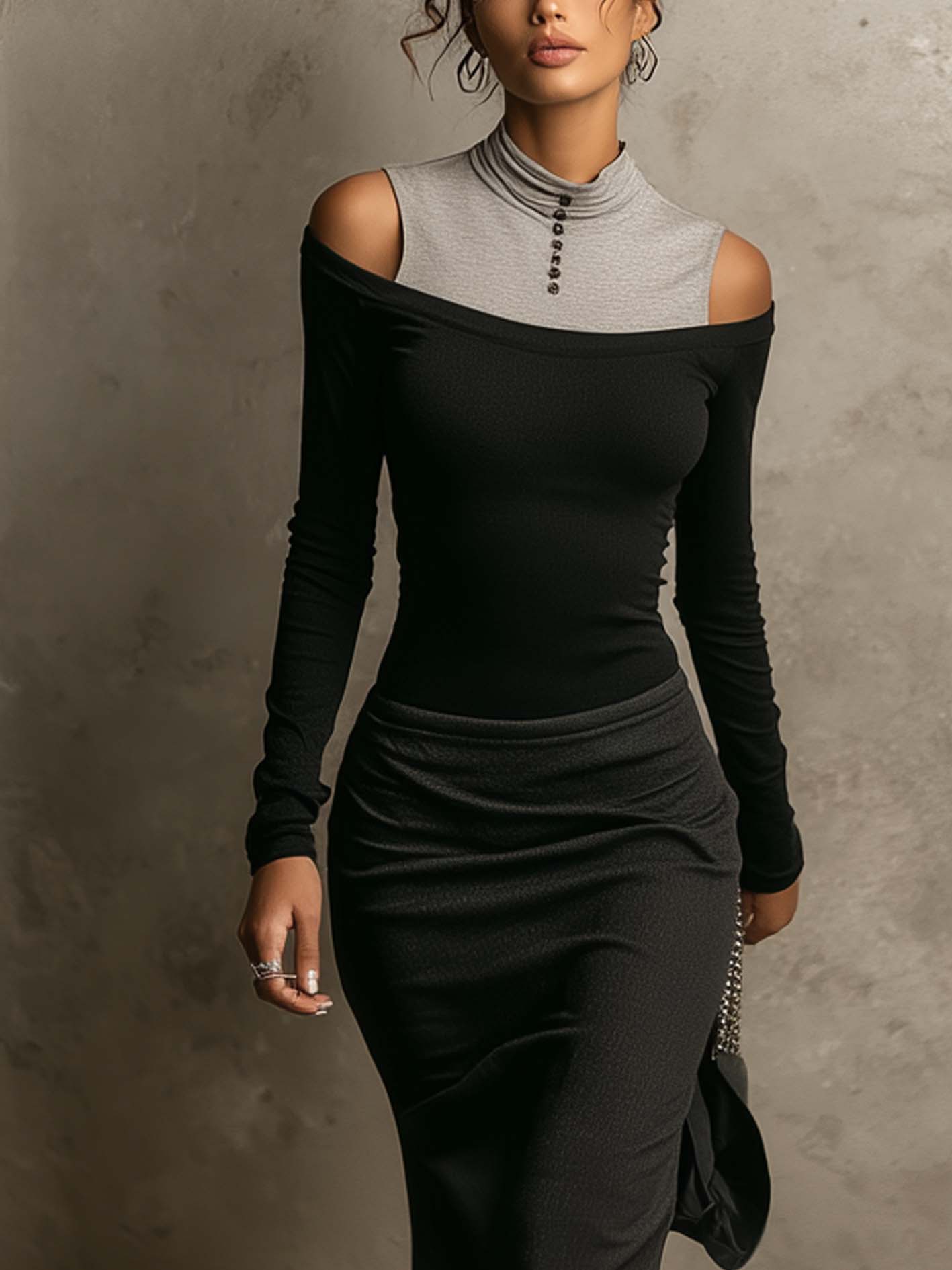 Black And Gray Cold Shoulder Patchwork Bodycon Maxi Dress