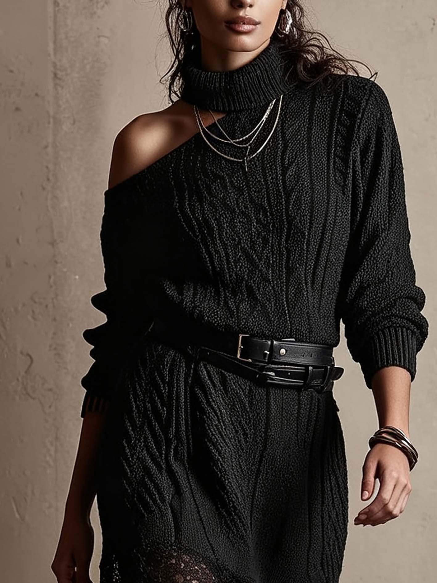 Black Cable Knit Mini Sweater Dress With Lace Hem And Cold Shoulder Turtleneck