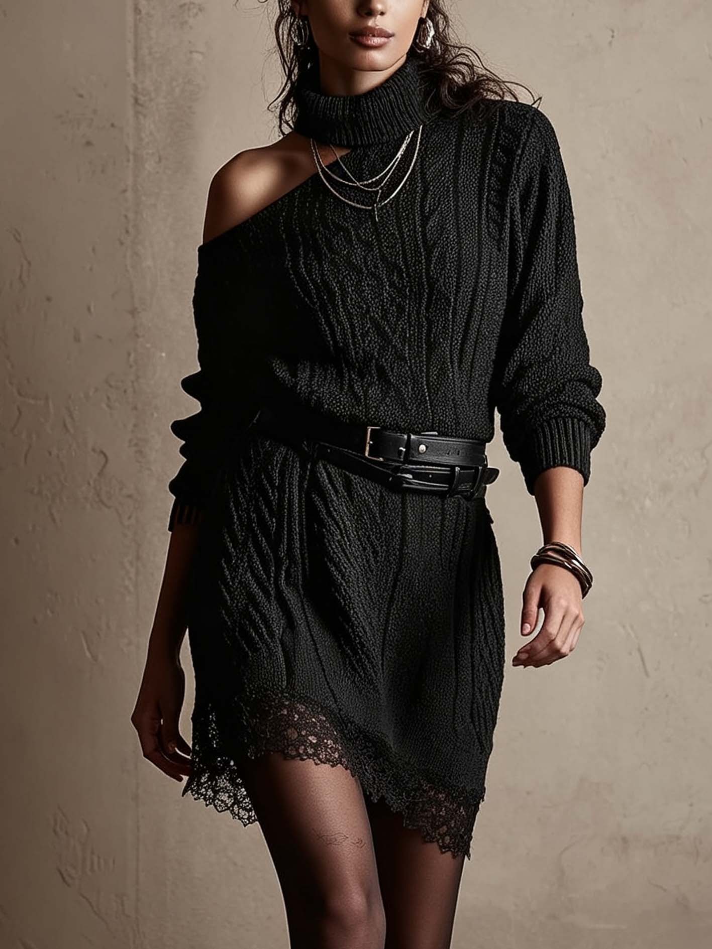 Black Cable Knit Mini Sweater Dress With Lace Hem And Cold Shoulder Turtleneck