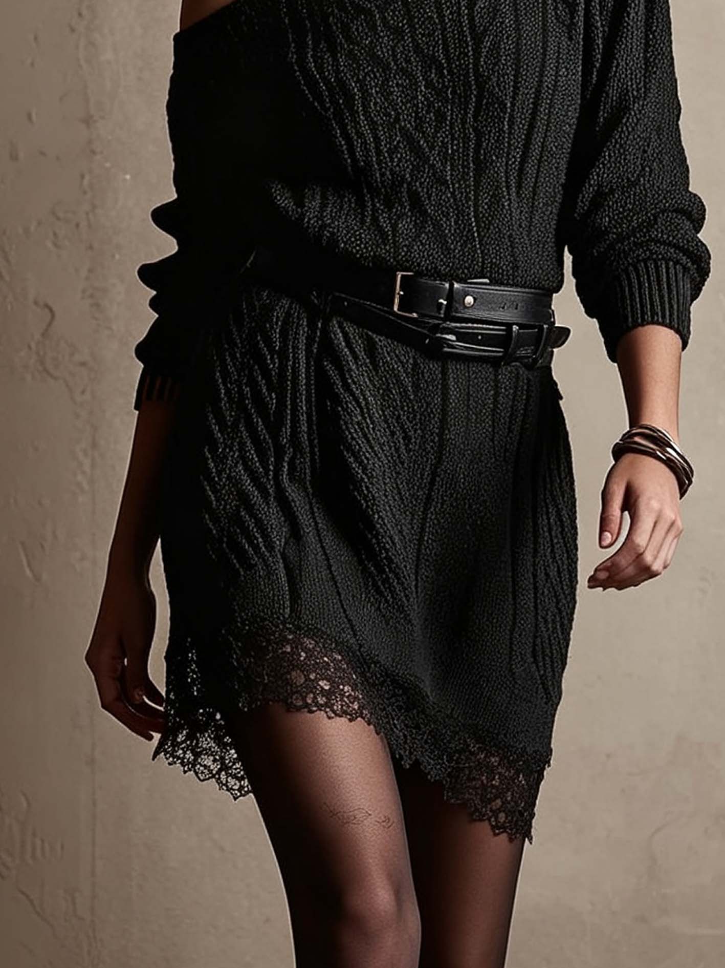 Black Cable Knit Mini Sweater Dress With Lace Hem And Cold Shoulder Turtleneck