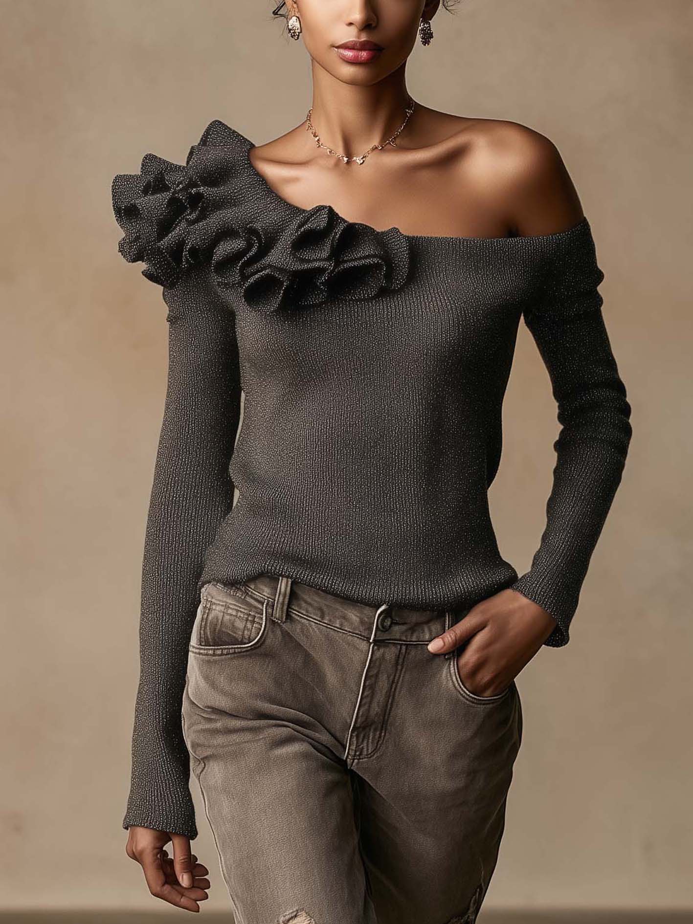Charcoal Shimmer Knit Top With One-Shoulder Ruffle Trim