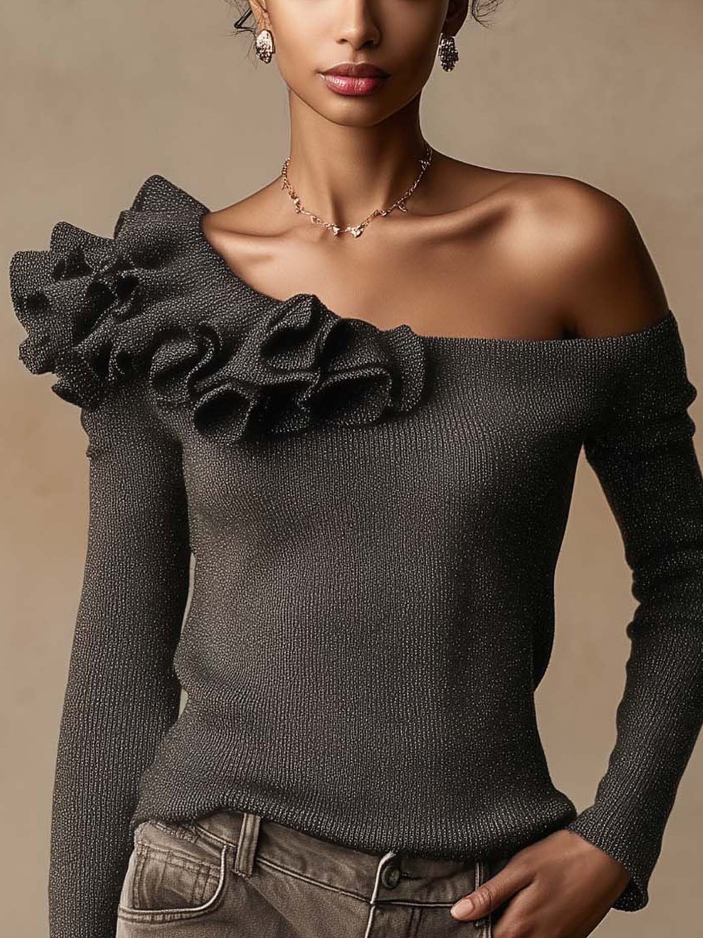Charcoal Shimmer Knit Top With One-Shoulder Ruffle Trim