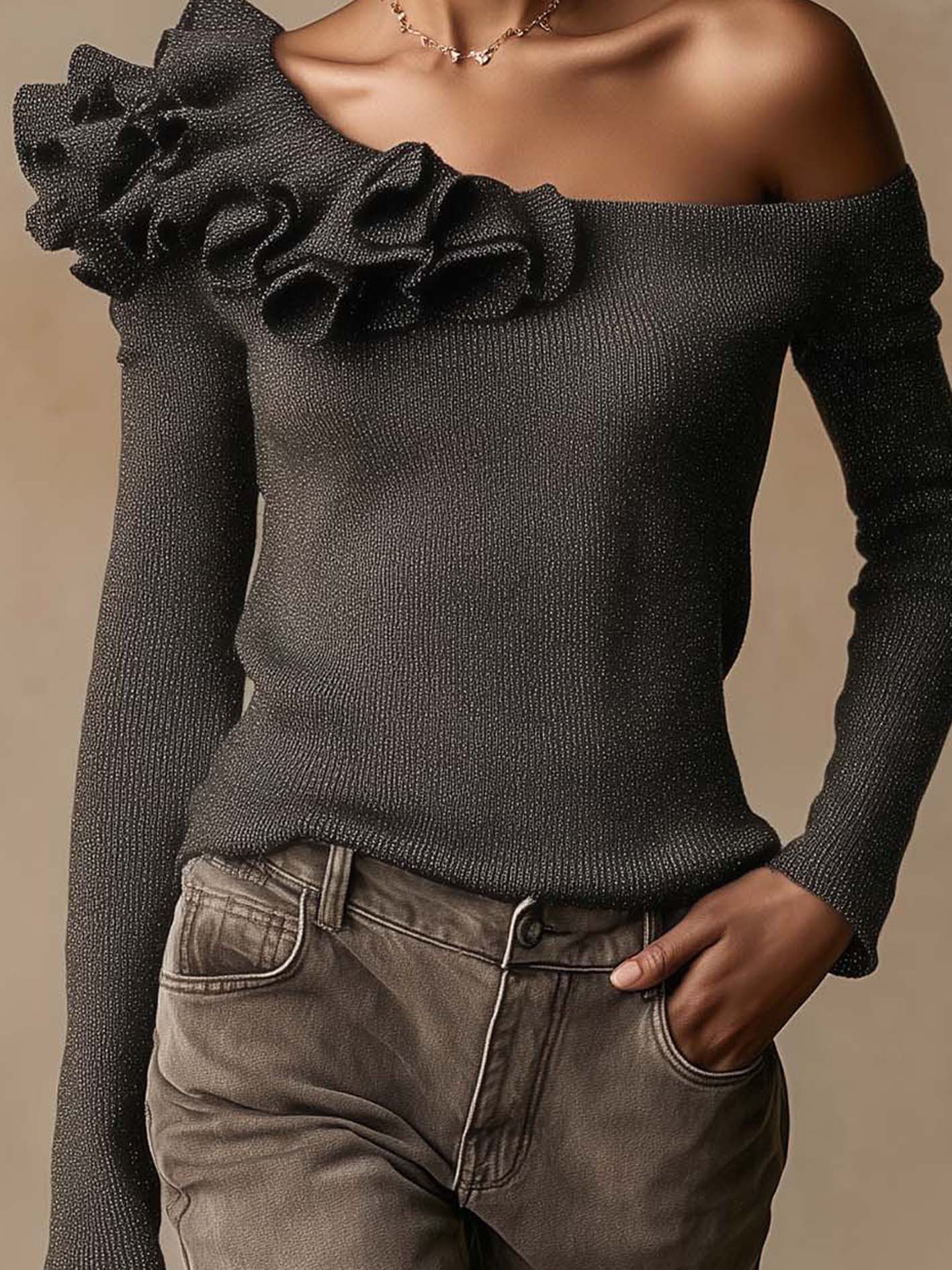 Charcoal Shimmer Knit Top With One-Shoulder Ruffle Trim