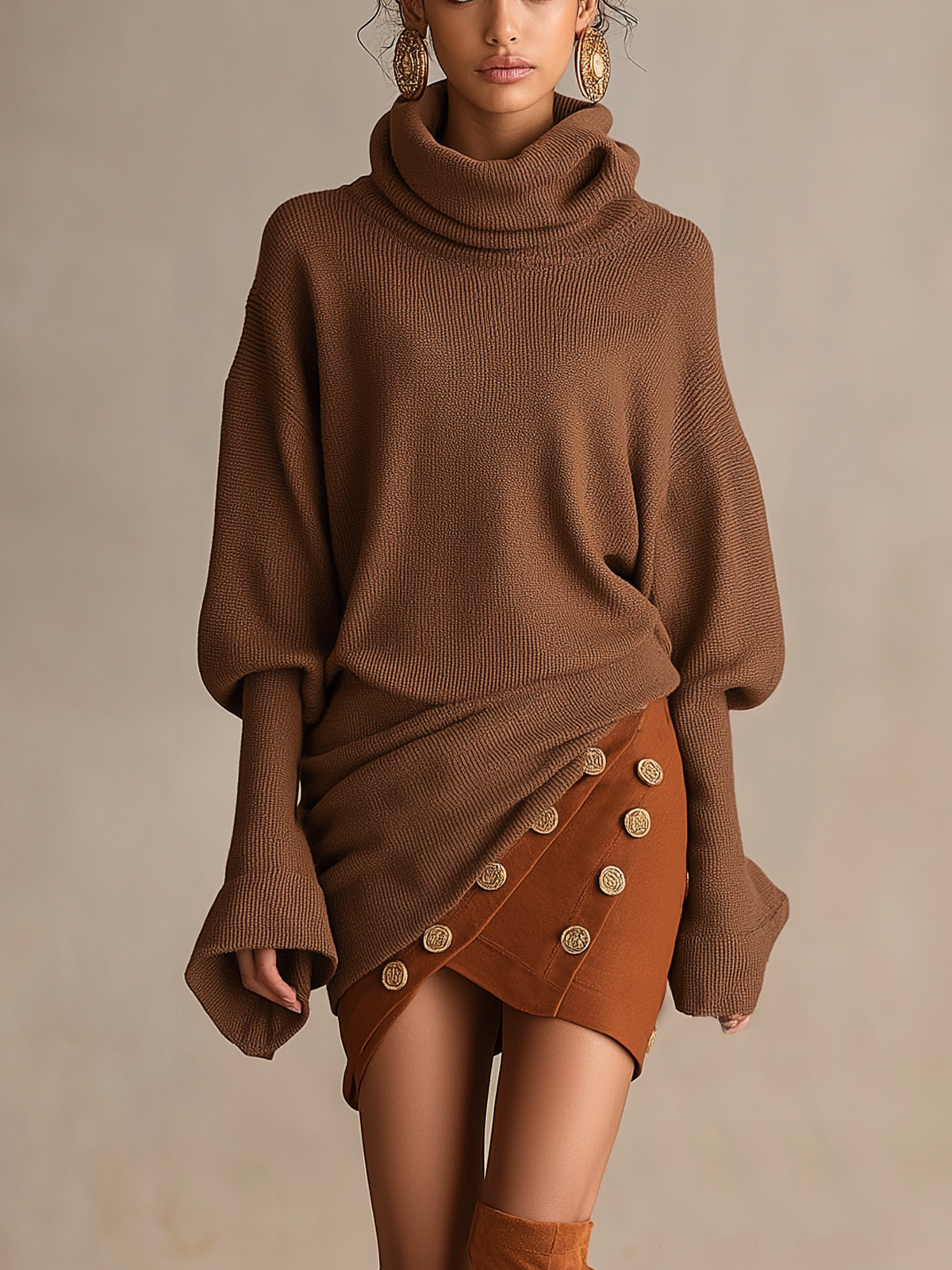 Brown Turtleneck Knit Contrast Button Mini Dress