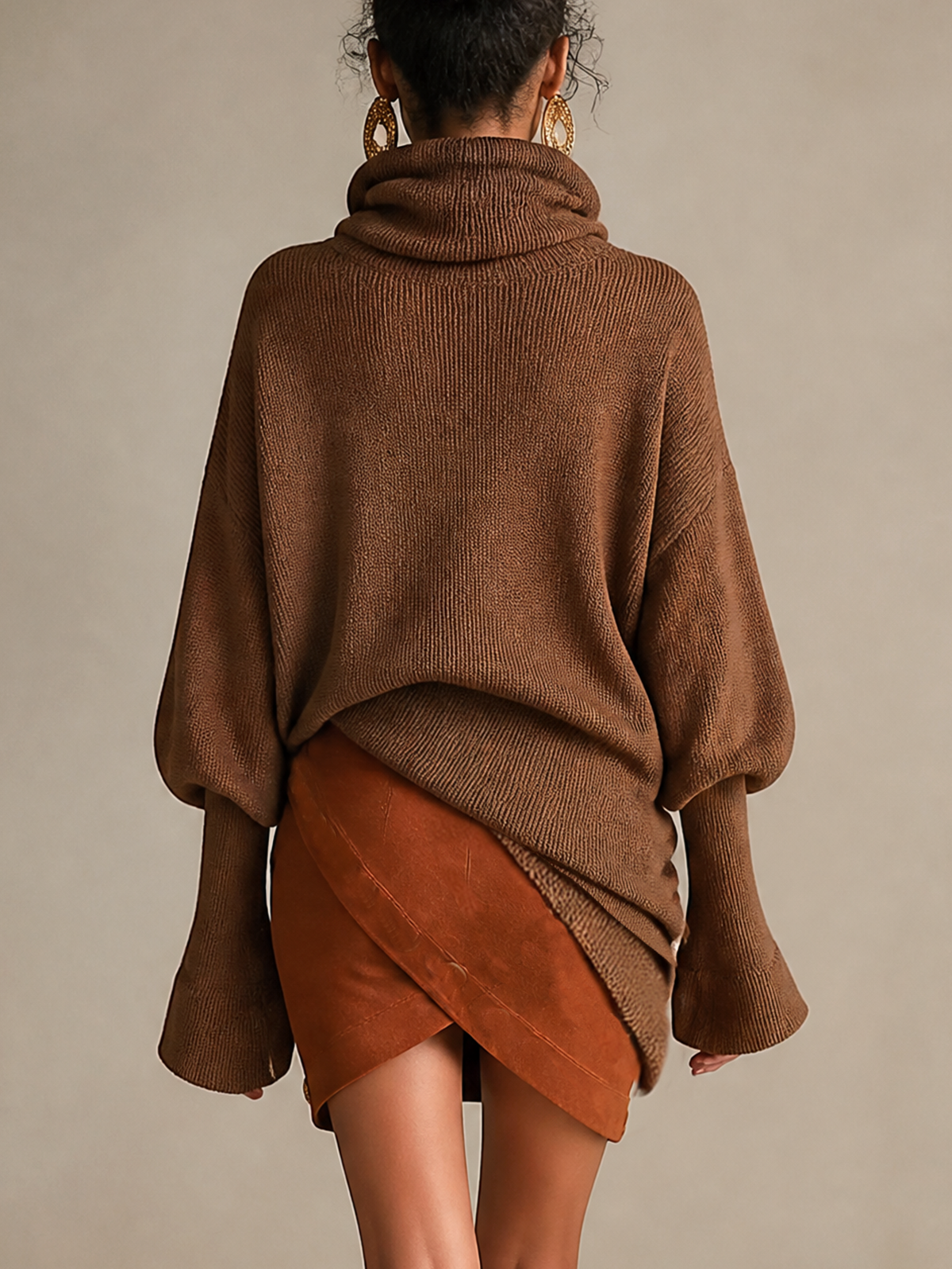 Brown Turtleneck Knit Contrast Button Mini Dress