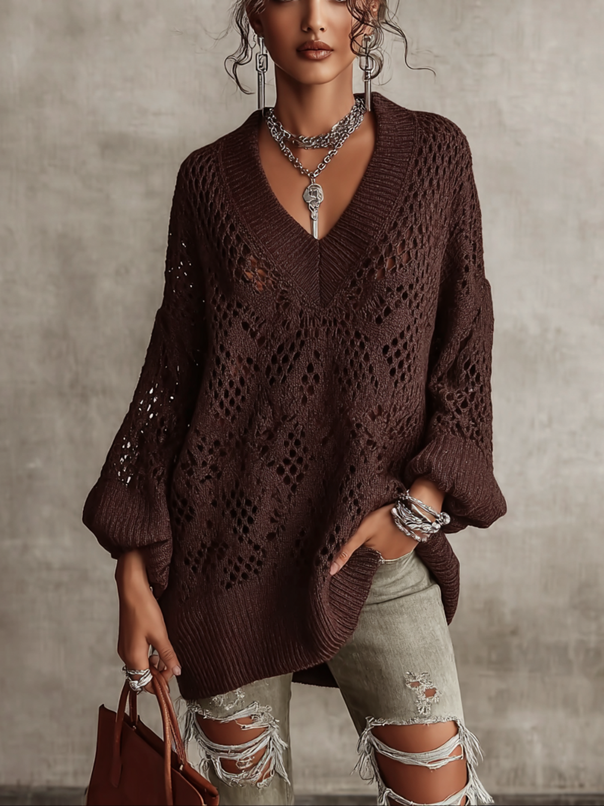 Dark Brown Crochet Knit V‑Neck Oversized Sweater