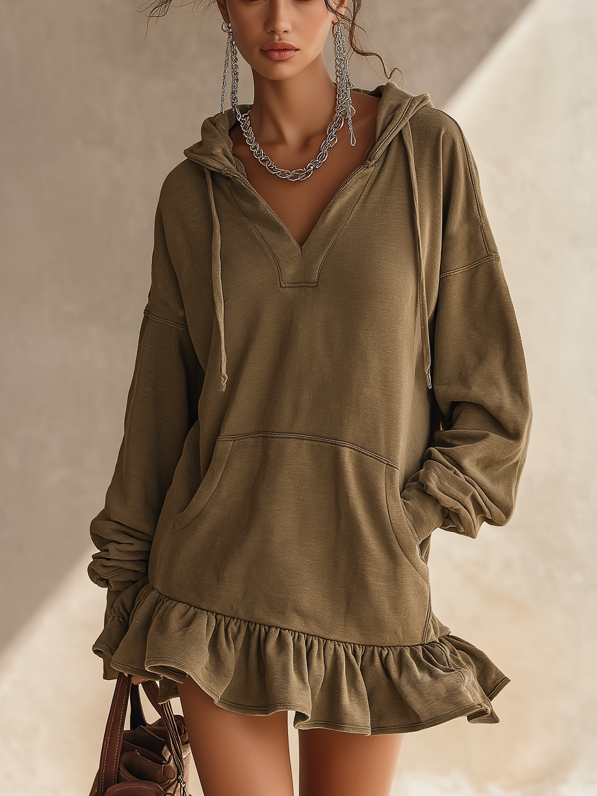 Olive Ruffle Hem Hooded V‑Neck Sweatshirt Mini Dress