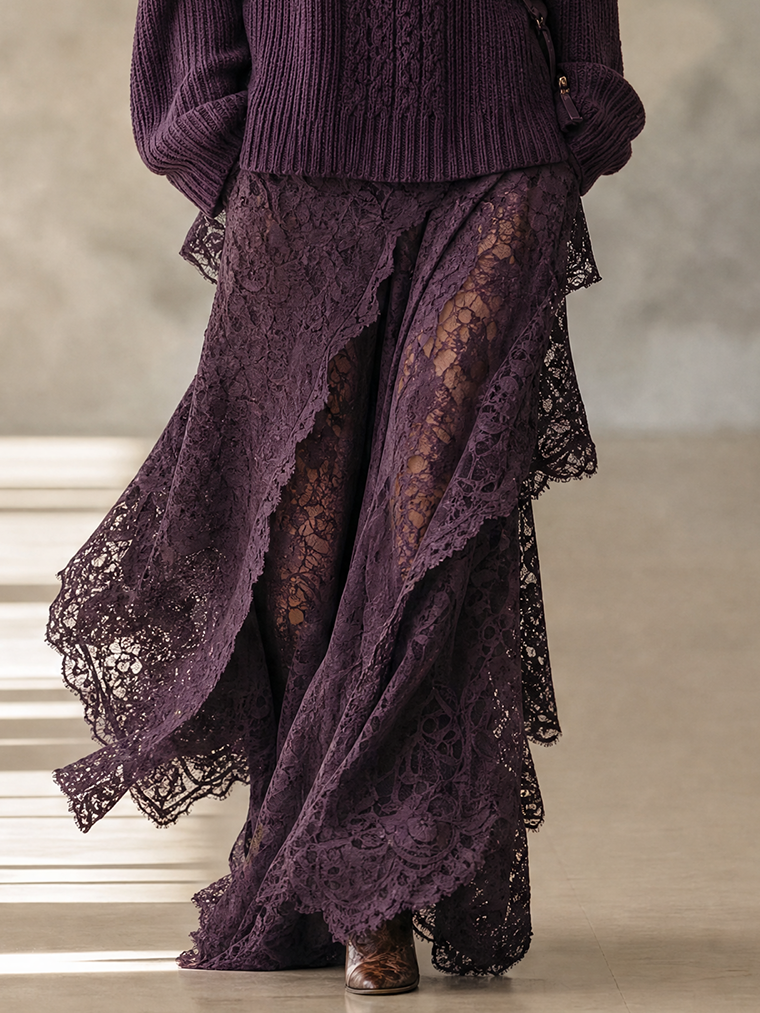 Deep Plum Asymmetric Layered Lace Maxi Skirt