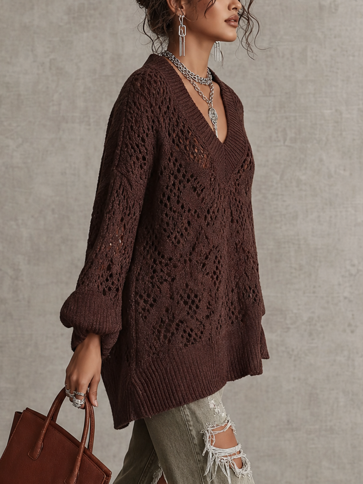 Dark Brown Crochet Knit V‑Neck Oversized Sweater