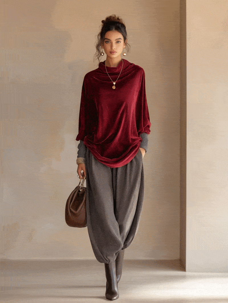 Burgundy Velvet Cowl Neck Top & Crinkled Harem Pant Two‑Piece Set