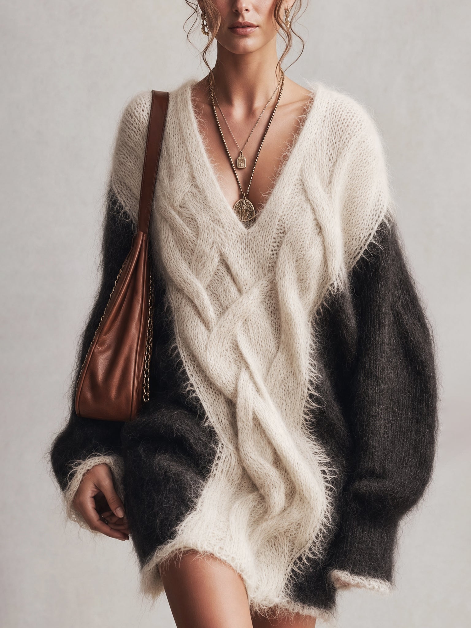 Black And White Color Block Mohair Knit Mini Dress