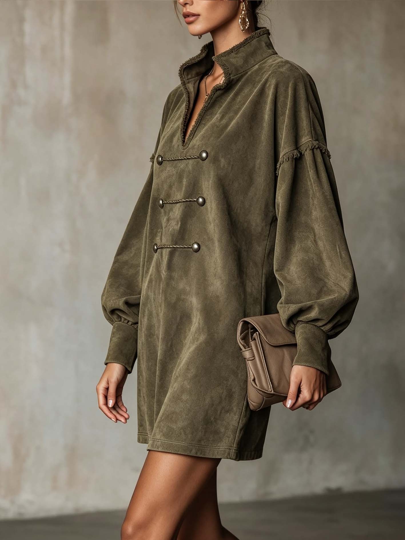 Olive Green Faux Suede Mini Dress With Stand Collar And Decorative Button Trim