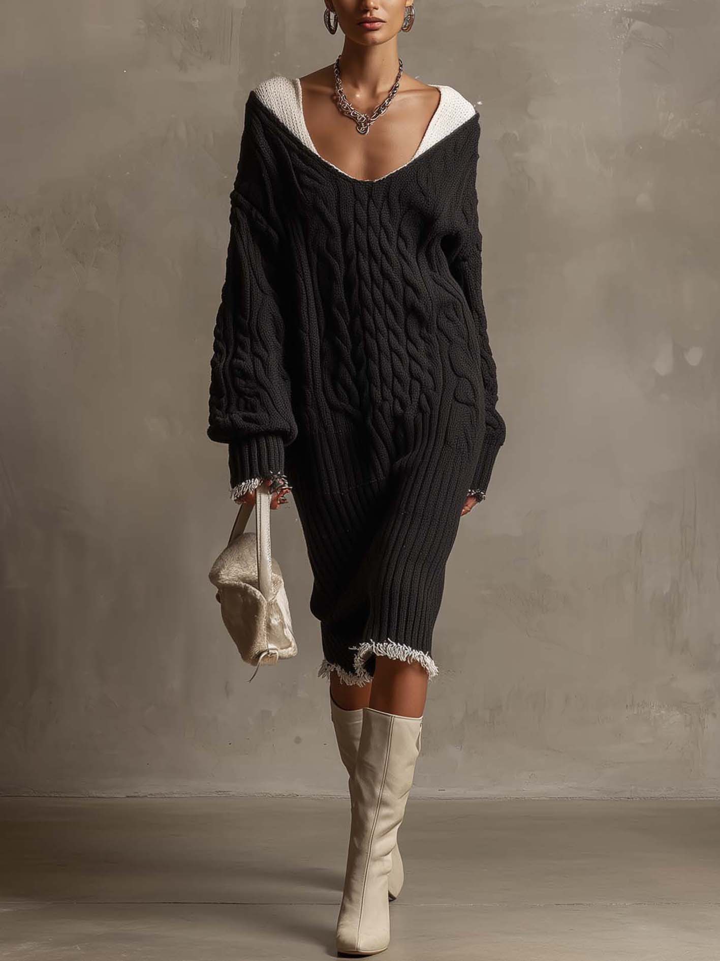 Black Cable Knit Patchwork Neckline Midi Dress With Fringe Trim