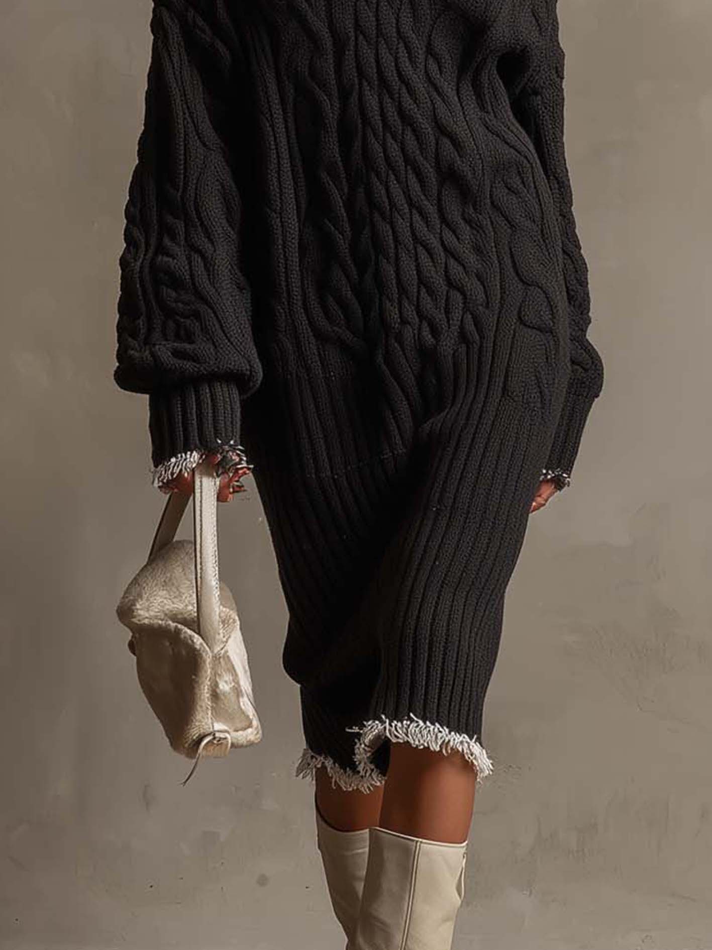 Black Cable Knit Patchwork Neckline Midi Dress With Fringe Trim