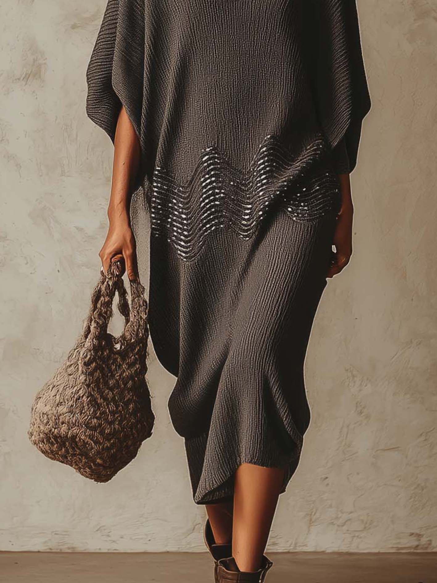 Taupe Sequin Embroidered Knit Midi Dress With V-Neck