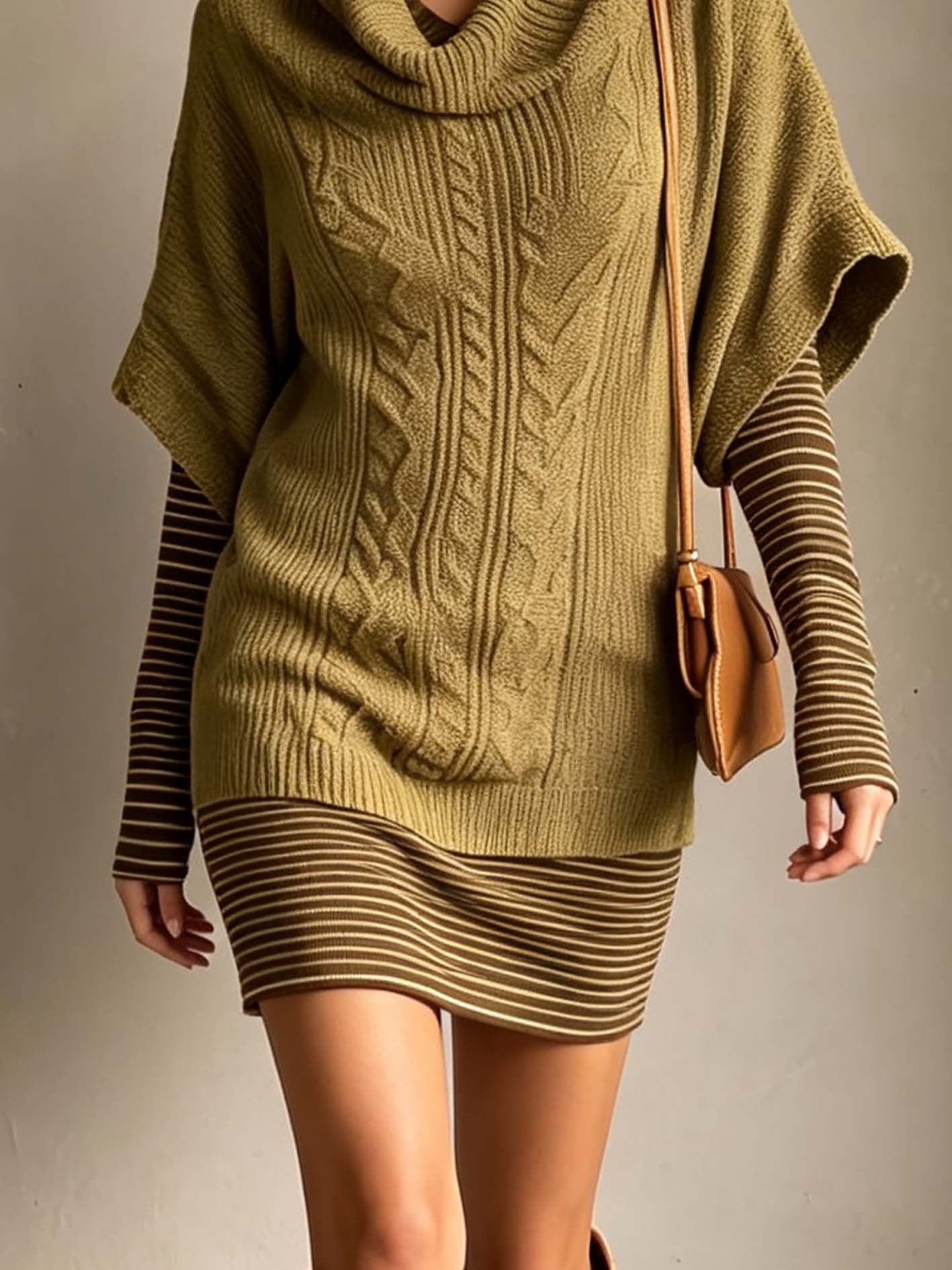 Olive Green Cable Knit Faux Two-Piece Mini Sweater Dress With Striped Sleeves