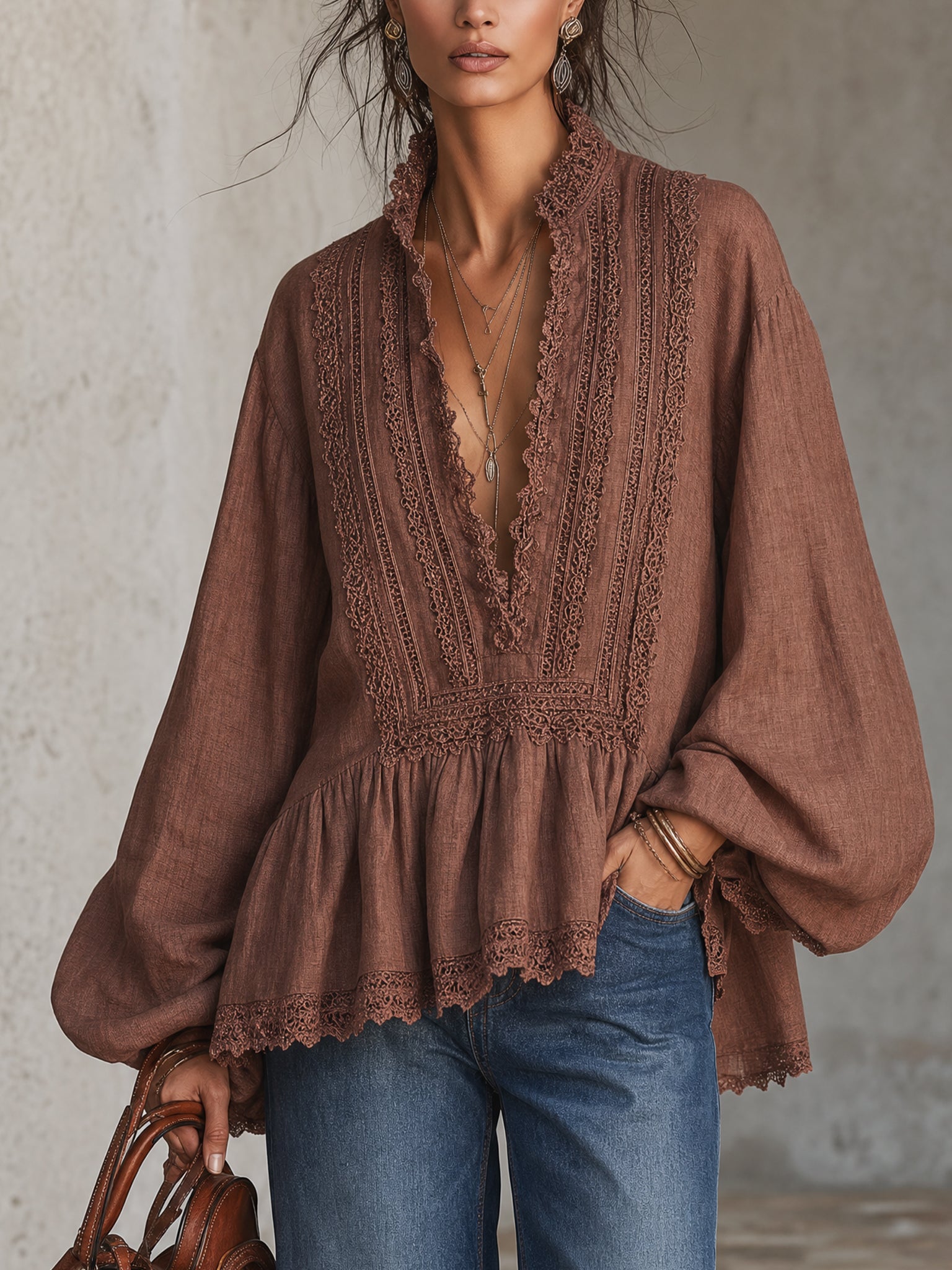 Vintage Red Linen Deep V-Neck Lace Trim Loose Top