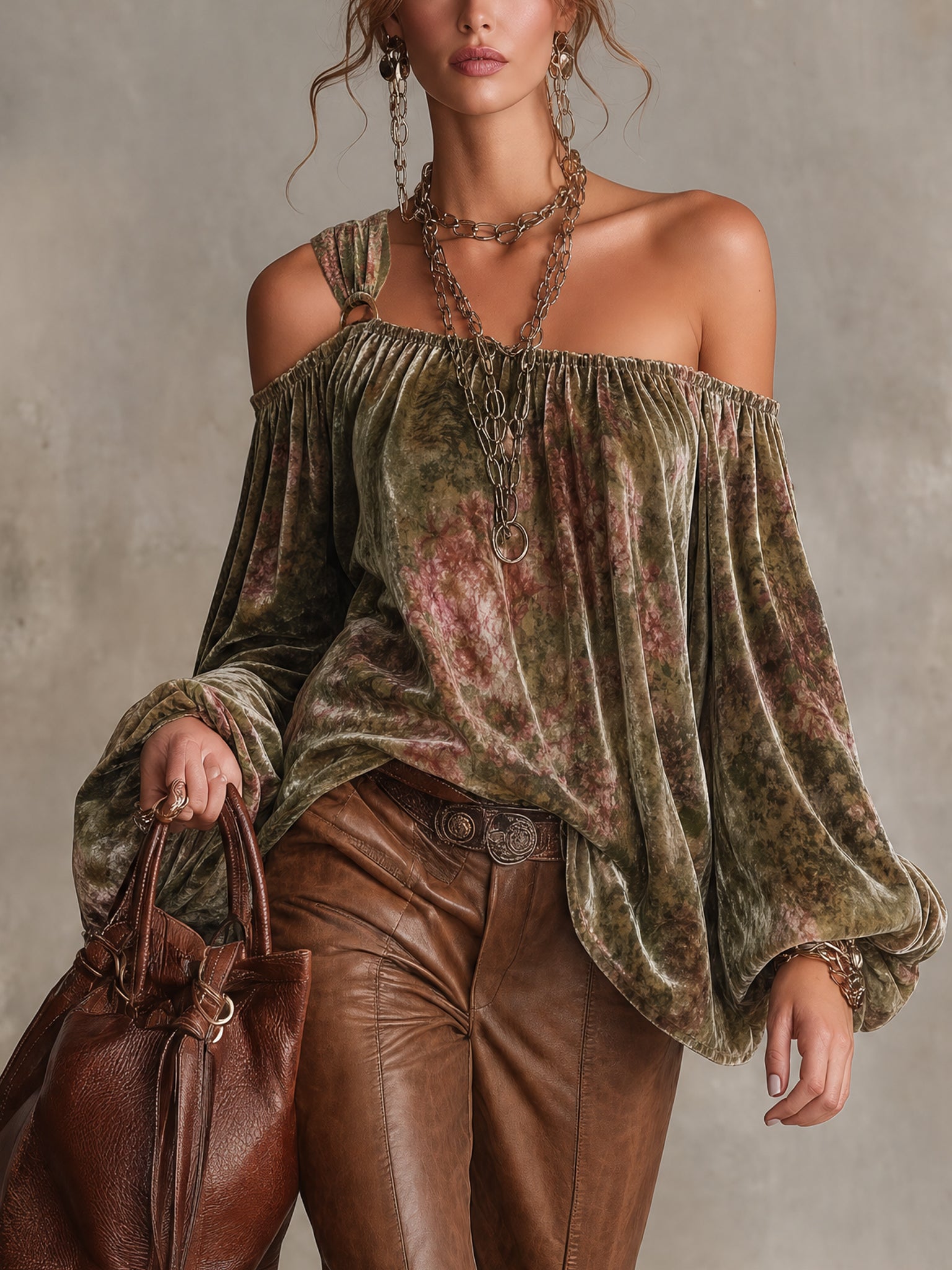 Green Velvet Floral Print Off Shoulder Loose Top